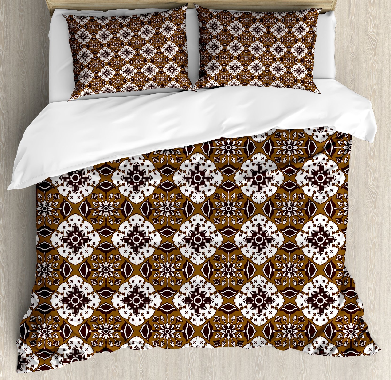 Ambesonne Chocolate Duvet Cover Set - Queen Size 3-Piece Bedding with Floral Batik Pattern | Dark Brown & White Brown Decorative Comforter Cover + 2 Pillow Shams | Perfect for Bohemian & Ethnic Bedroom Decor