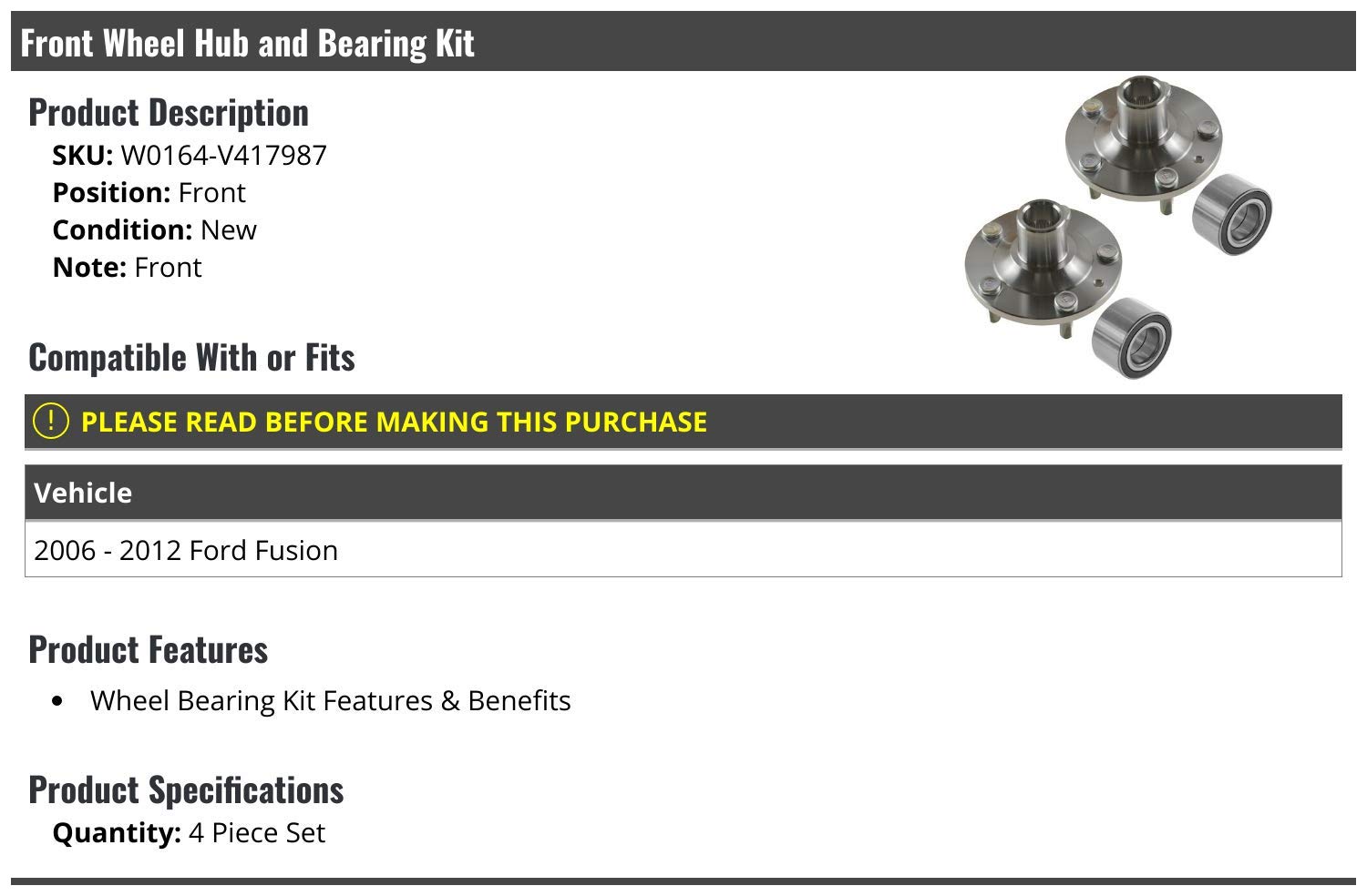 Front Wheel Hub and Bearing Assembly Kit 4-Piece Set for 2006-2012 Ford Fusion – Durable Replacement for Smooth & Quiet Ride – Perfect for DIY Repairs and Professional Mechanics