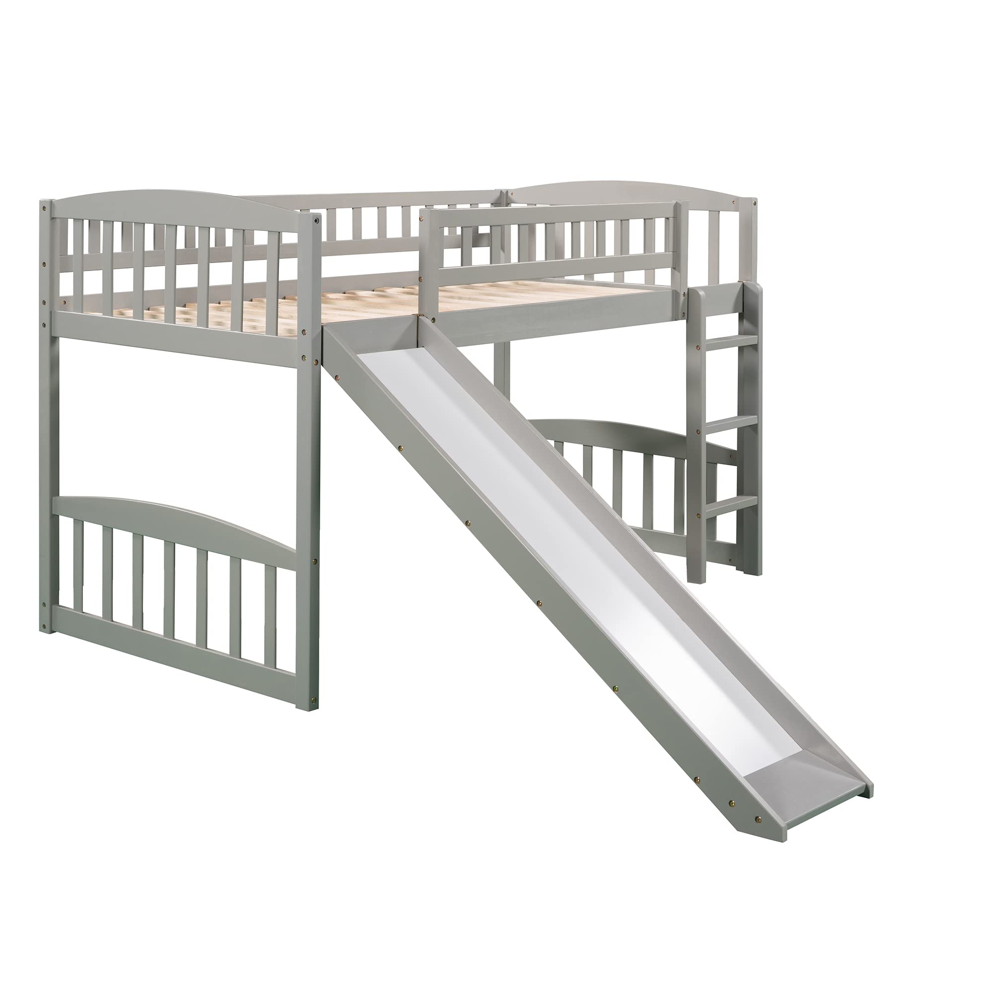 Bellemave Twin Loft Bed with Slide and Ladder - Low Height Wooden Bunk Bed for Kids, Boys & Girls - Space Saving Gray Children's Bedroom Furniture for Small Rooms & Play Areas