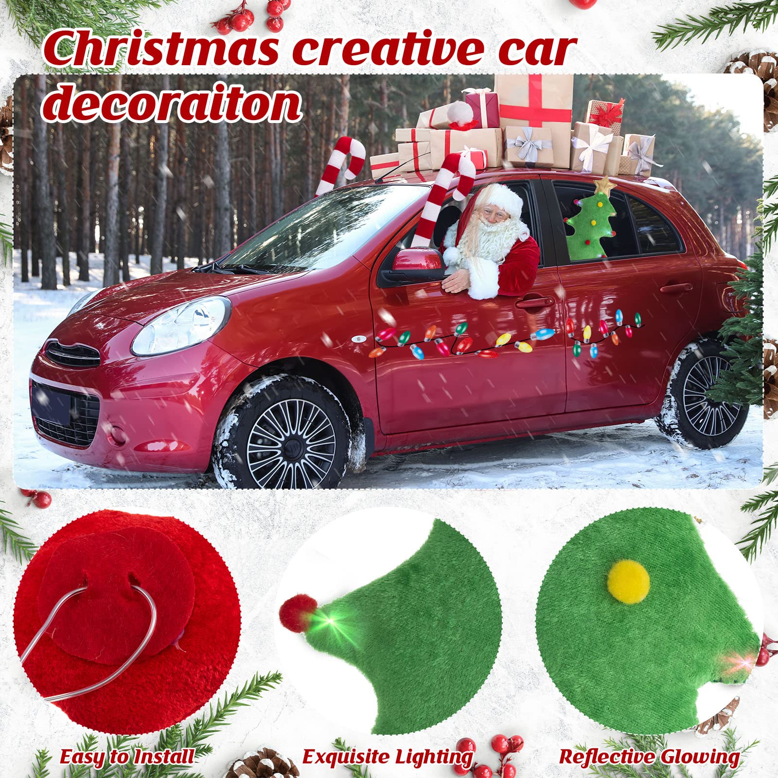 44 Pcs Christmas Car Decorations Set - Reindeer Antlers & Nose, Green Tree Decor, 12 Reflective Bulb Magnets, 22 Magnetic Wire Ornaments, 4 Headrest Covers | Holiday Car Accessories for Festive Vehicle Decoration & Christmas Party Decor