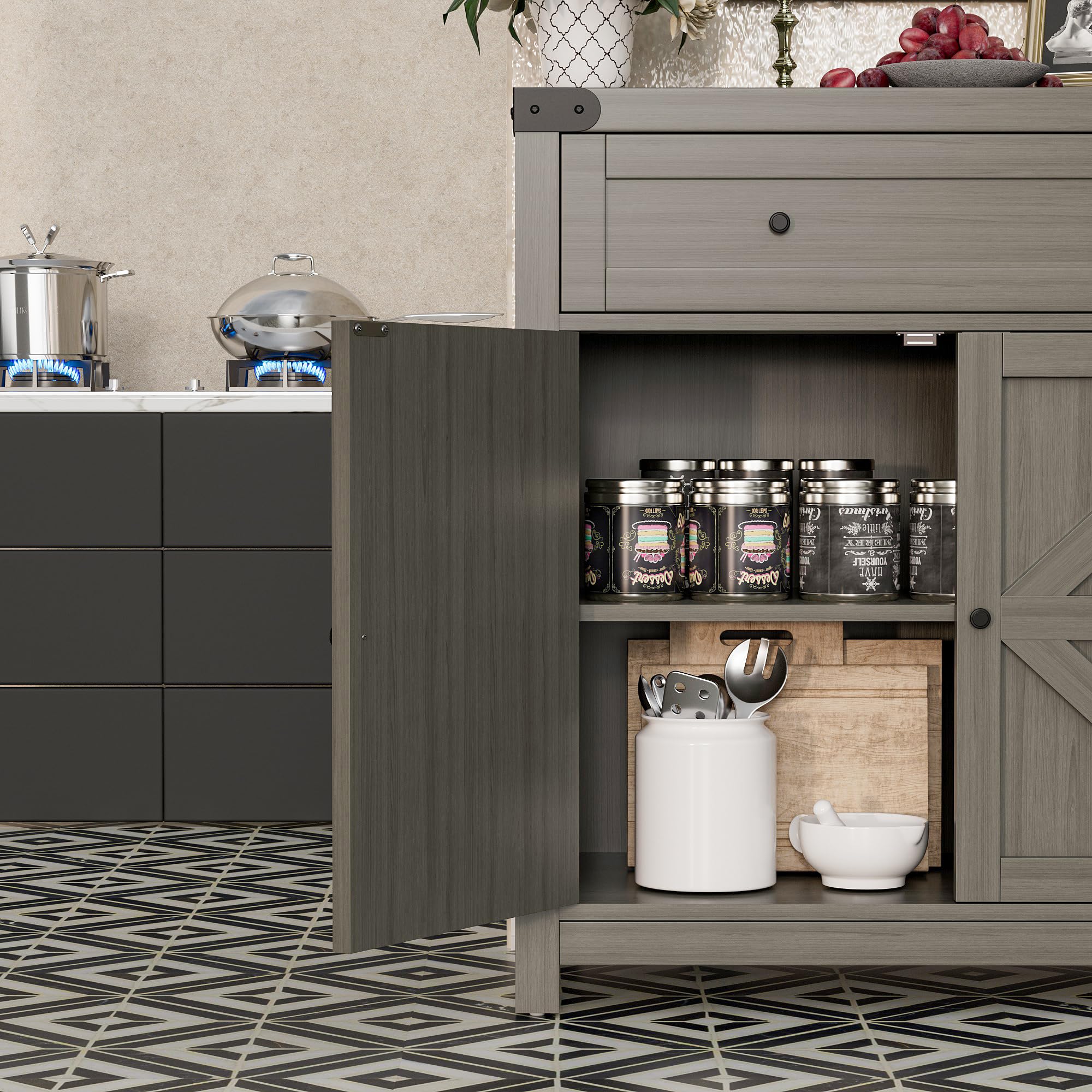Farmhouse Style Sideboard Buffet Cabinet with Storage - 1 Drawer & 2 Barn Doors, Rustic Coffee Bar Console Table for Kitchen, Dining Room, Entryway - Perfect for Home Organization & Entertaining (Grey)
