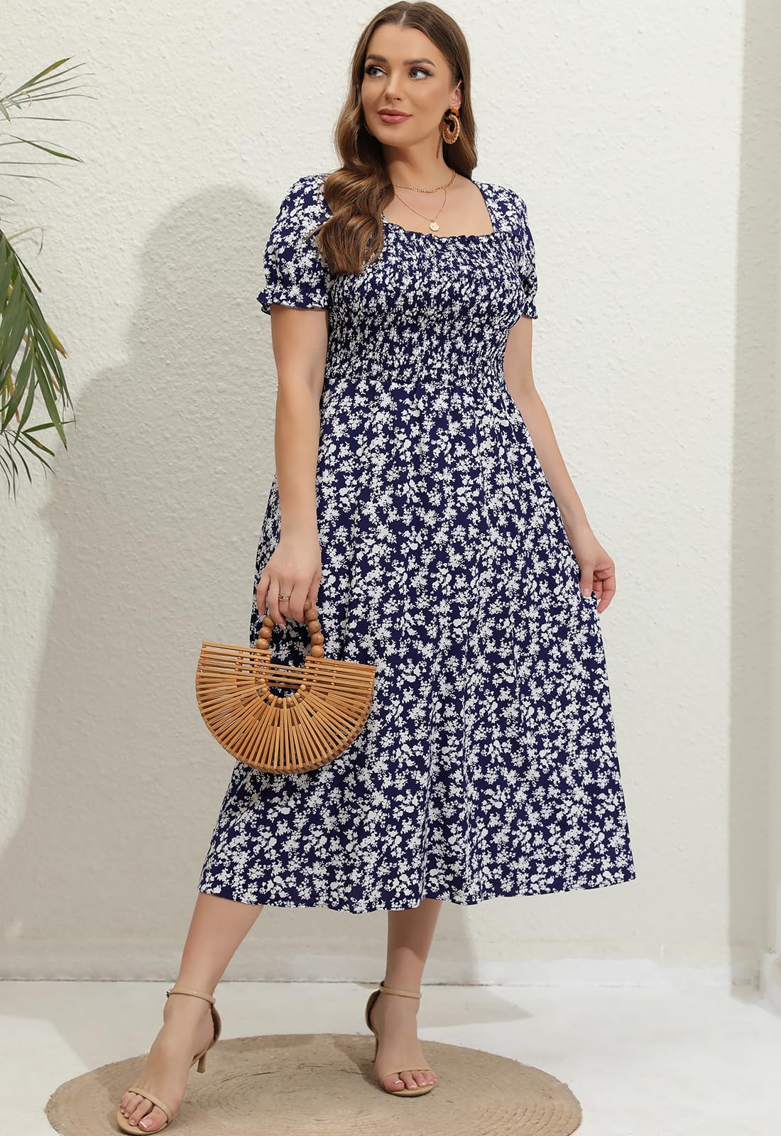 2025 Women's Plus Size Summer Casual Dress - Smocked Midi Floral Dress with Puff Sleeves & Pockets | Calf Length Comfort for Beach, Vacation & Everyday Wear