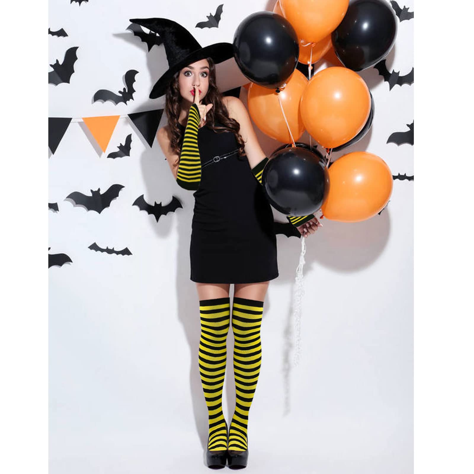 IBEAUTI 8-Piece Women's Striped Knee-High Socks & Stockings Set with Y2K Goth Knitted Long Arm Warmers & Fingerless Gloves - Perfect for Winter Fashion, Cosplay, and Retro Outfits