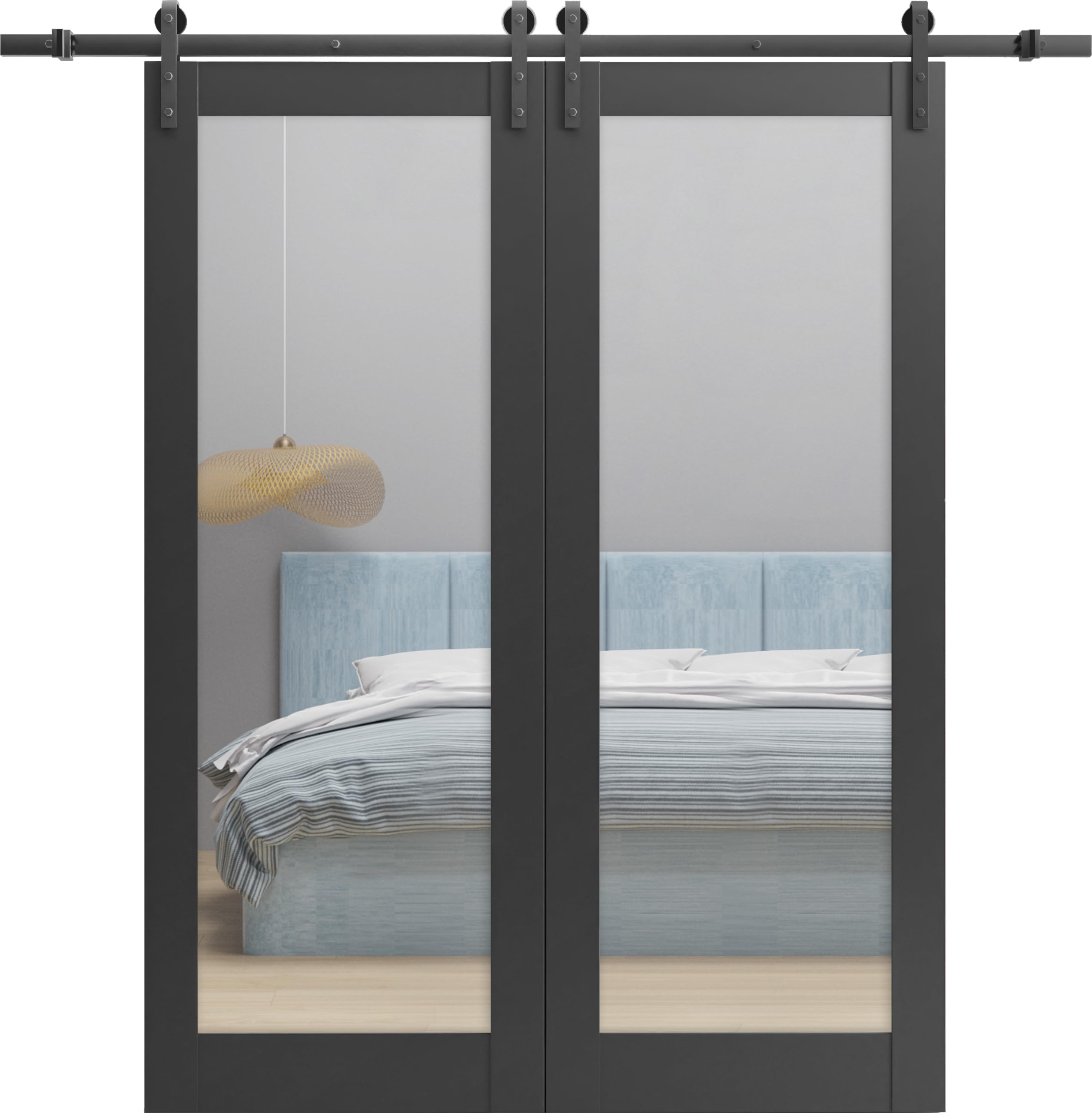 SARTODOORS - 48x84 Inch Solid Wood Double Barn Door with Mirror | Matte Black Finish | Heavy Duty 13FT Rail & Hangers | Rustic Interior Sliding Doors for Bedroom, Closet & Home Office