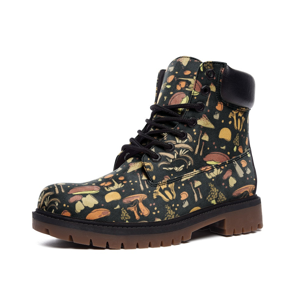 Vintage Faux Leather Combat Boots with Retro Mushroom Print - Stylish Punk Ankle Boots for Women, Perfect for Fall Fashion, Concerts & Streetwear Outfits