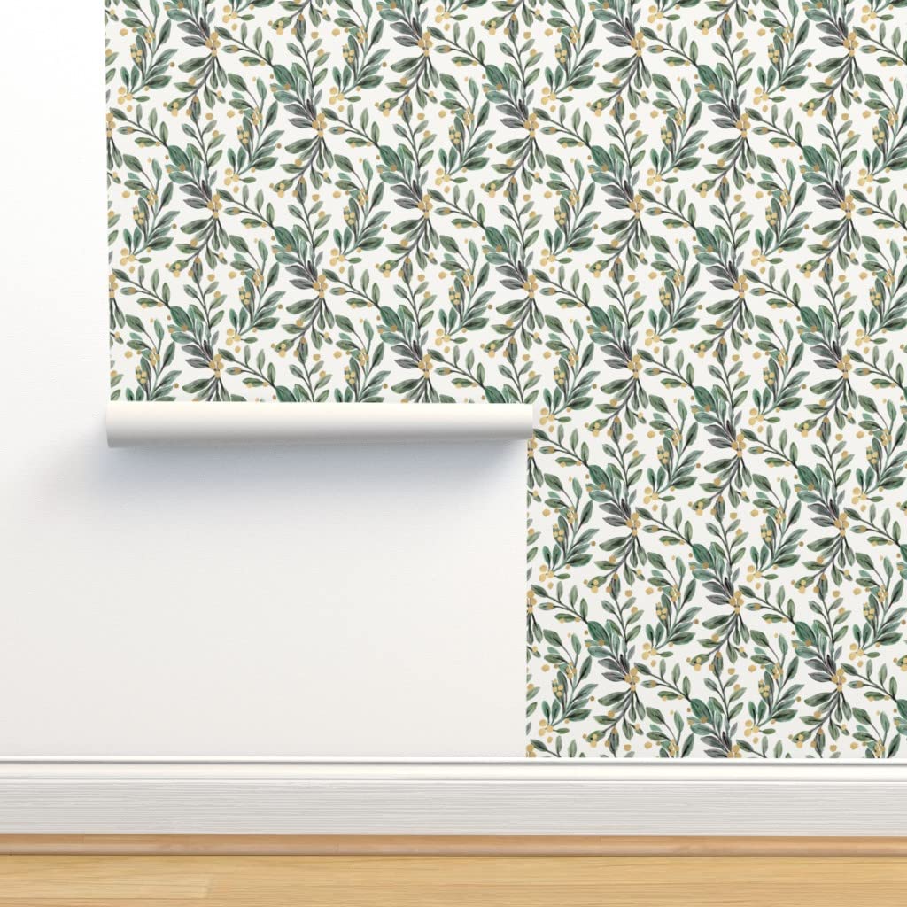 Removable Wallpaper Swatch - Sage Gold Berries Leaves Holiday Winter Floral Christmas Custom Pre-Pasted Wallpaper by Spoonflower | Peel & Stick Wall Decor for Bedroom, Nursery, Living Room, Office