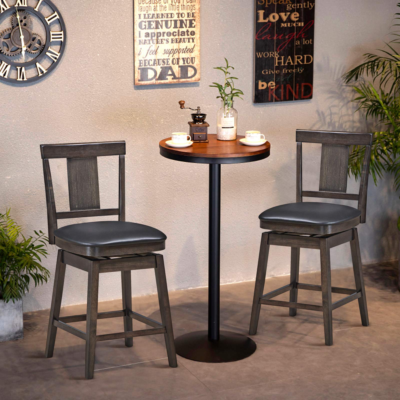 COSTWAY Bar Stools Set of 2 - 360 Degree Swivel Counter Height Stools with Leather Padded Seat, Wooden Single Slat Back & Solid Rubber Wood Legs - Perfect for Kitchen Island, Home Bar, Dining Room and Living Room (24 Inch Height, Set of 2)