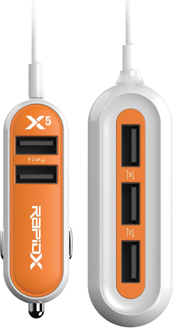 RapidX X5 Fast Car Charger with 5 USB Ports - Compatible with iPhone 15/14/13, Samsung Galaxy S23/S22, Android Devices - Quick Charge 3.0 - Orange - Perfect for Road Trips, Family Travel & Multi-Device Charging