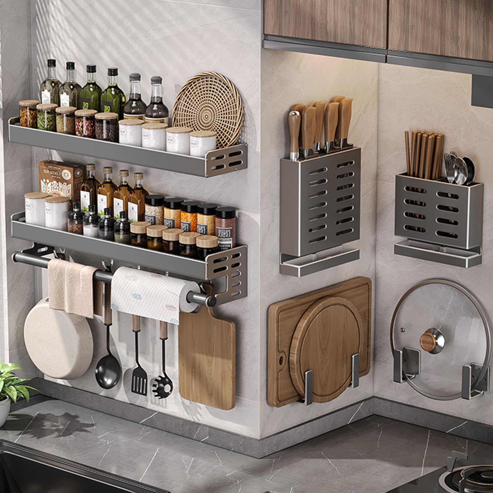 Dxcaicc Wall Mount Utensil Holder - Multifunctional Kitchen Spice Organizer Shelf with Hooks for Spatula, Spoon, Knife & Seasoning Jars (60cm/23.6in) - Perfect for Small Kitchen Organization & Space Saving Storage Solution