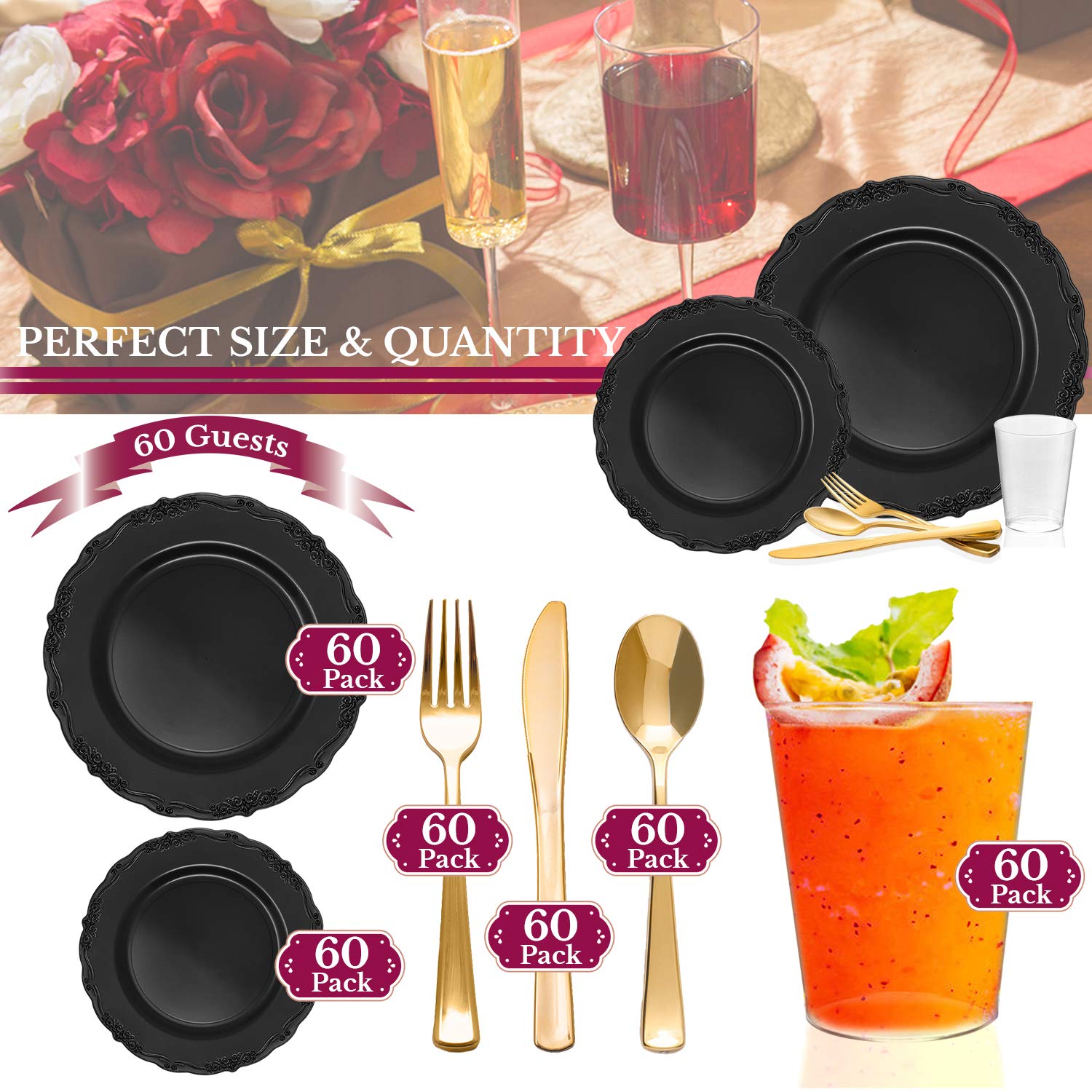 Elegant Disposable Plastic Plates for Party - 60-Piece Wedding Dinnerware Set (Black) | Perfect for Weddings, Birthdays, Catering & Outdoor Events