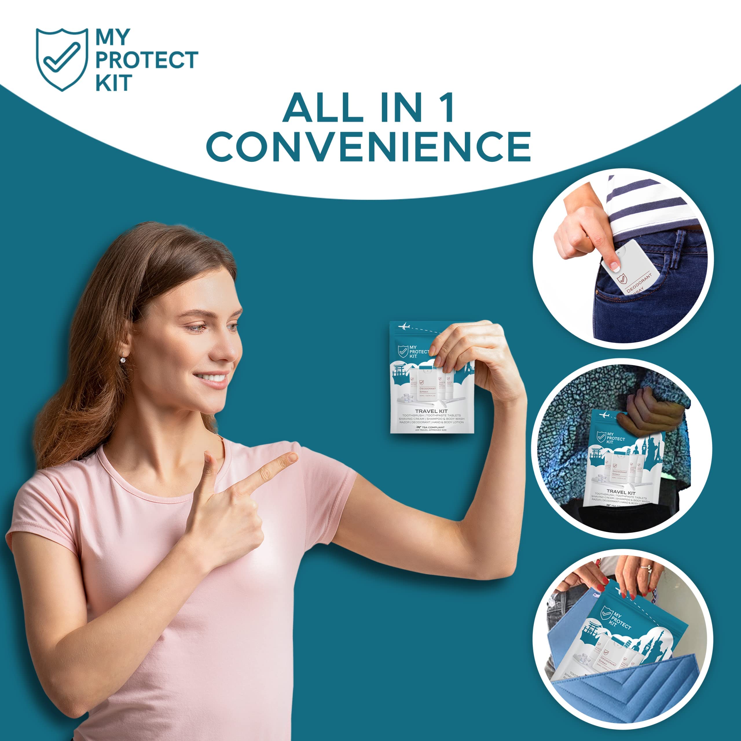 TSA Approved Travel Kit for Men & Women - Essential Hygiene Set with Toiletries | Includes Hand & Body Lotion, Deodorant, Shampoo, Body Wash, Shaving Cream, Razor, Toothbrush & Toothpaste Tablets | Perfect for Air Travel, Camping & Gym by My Protect Kit