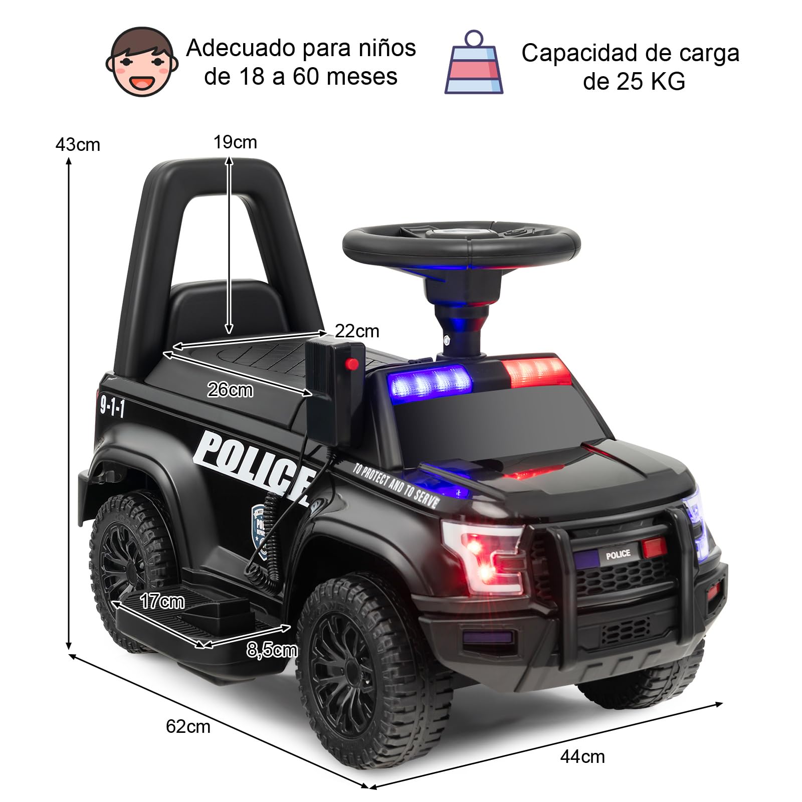 COSTWAY 6V Kids Electric Police Car with Side Megaphone, Horn, Alarm Light & Siren Sound - Wide Footrest Battery-Powered Ride-On Toy Vehicle for Children Ages 1.5-5 Years (Black) | Perfect for Outdoor Play, Birthday Gifts & Pretend Police Adventures