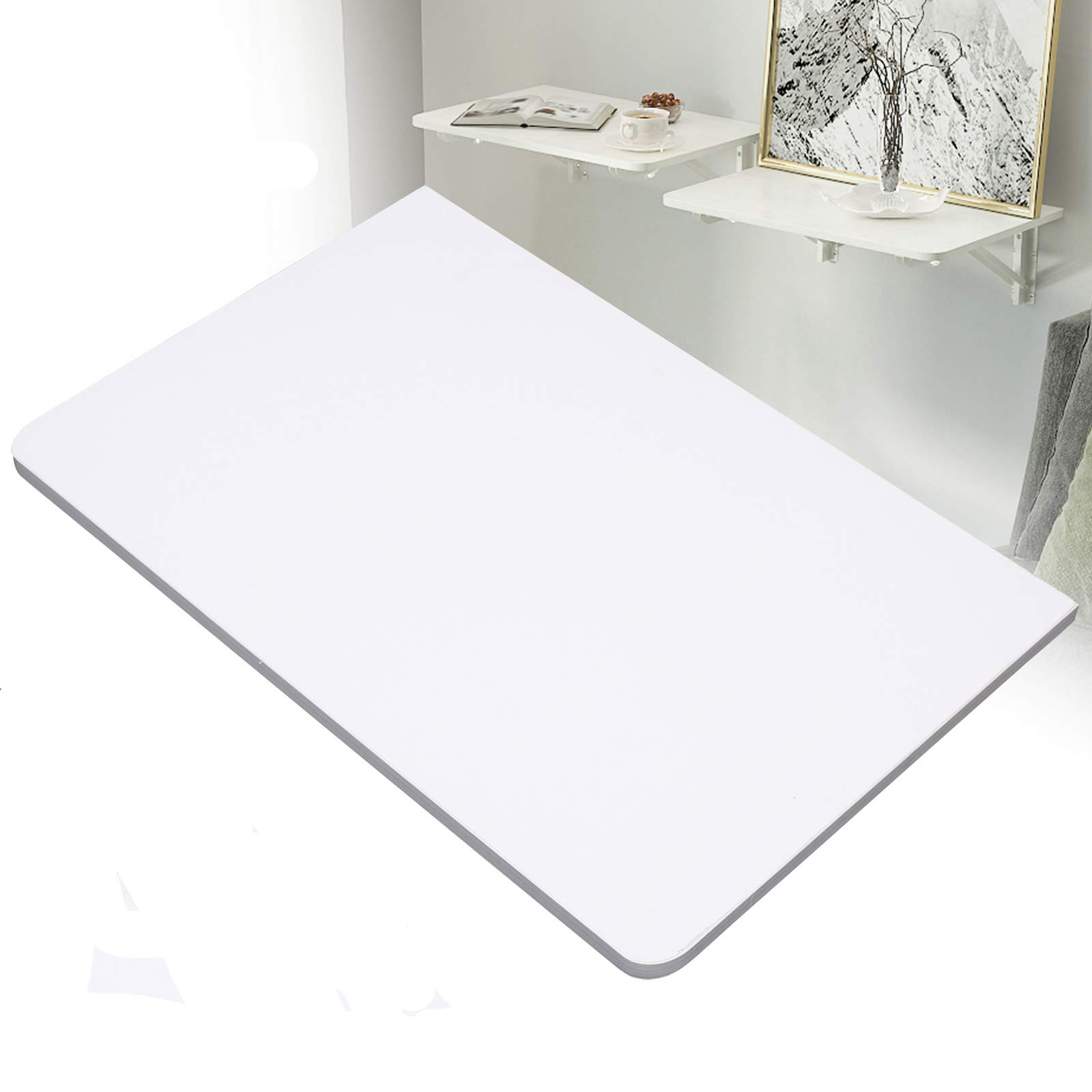 60x40cm Wall-Mounted Drop-Leaf Folding Table - Space Saving Floating Hanging Desk for Study, Bedroom, Bathroom or Balcony - Perfect for Small Spaces, Dorm Rooms & Tiny Homes (White)