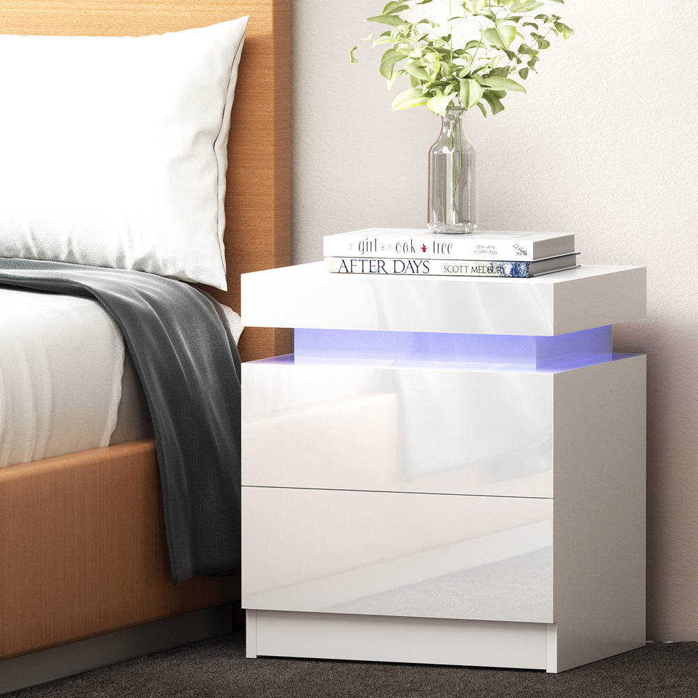 Modern White High Gloss Nightstand with RGB LED Lights & Drawers - Bedside Table for Bedroom, Living Room, Dorm Decor