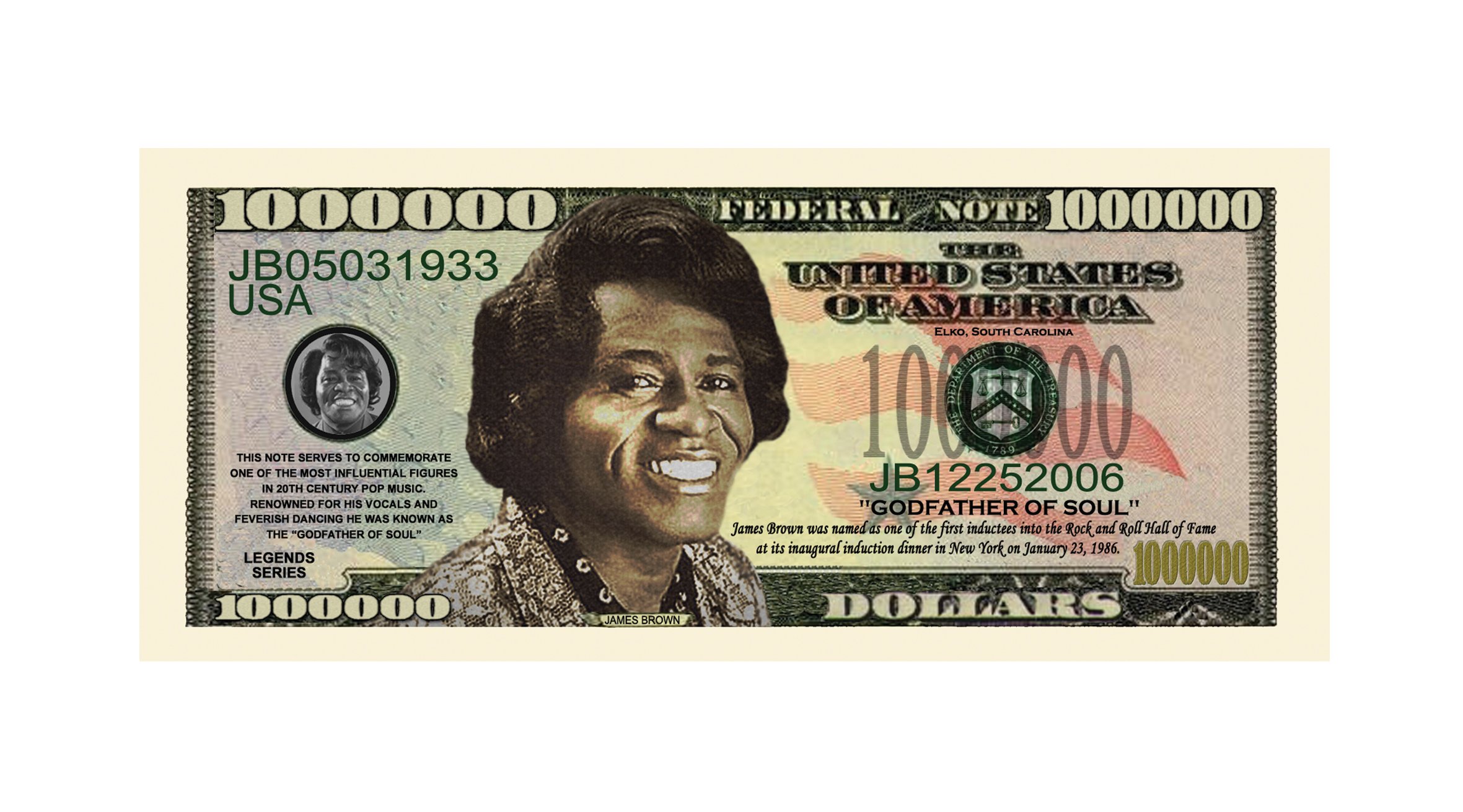 James Brown Million Dollar Bills - Pack of 5 - Authentic American Music Memorabilia - Perfect Gift for Soul Music Fans - Great for Parties, Collectors & Music Themed Decor