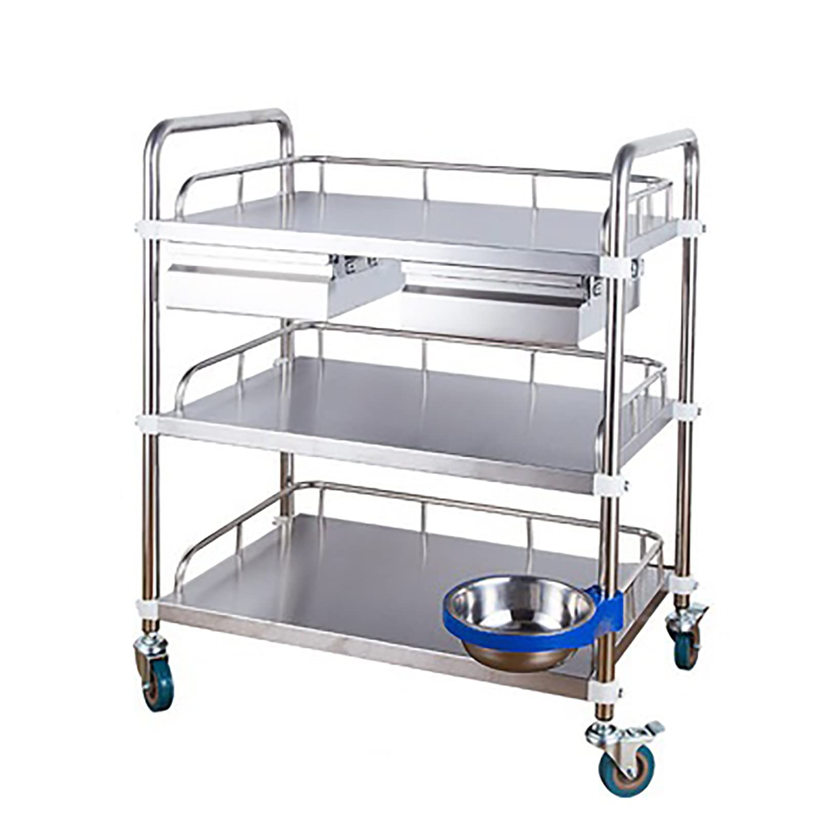 3-Tier Stainless Steel Utility Cart with Double Drawers & Silent Omnidirectional Wheels - Mobile Storage Cart for Lab, Dental, Hotel, Restaurant & Home Use - Ideal for Organizing Supplies, Equipment & Tools