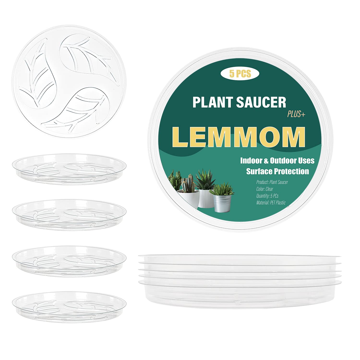 5 Pack 12 Inch Clear Plastic Plant Saucers - Heavy Duty Round Plant Drip Trays for Indoor/Outdoor Pots - Water Collection Base for Flower Pots, Planters & Gardening - Perfect for Home, Office & Garden Use
