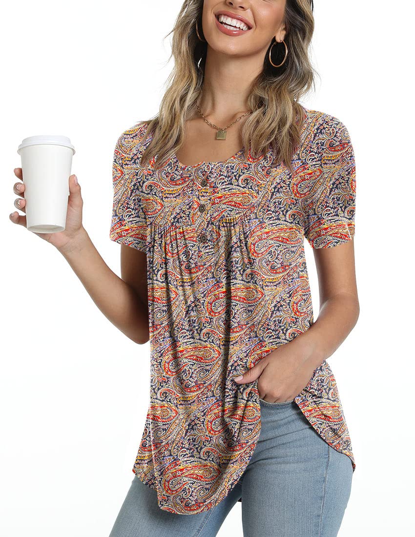POPYOUNG Women's Summer Henley Shirts - Casual Short Sleeve Button Up Tunic Tops & Blouses for Women | Perfect for Beach, Vacation, and Everyday Wear