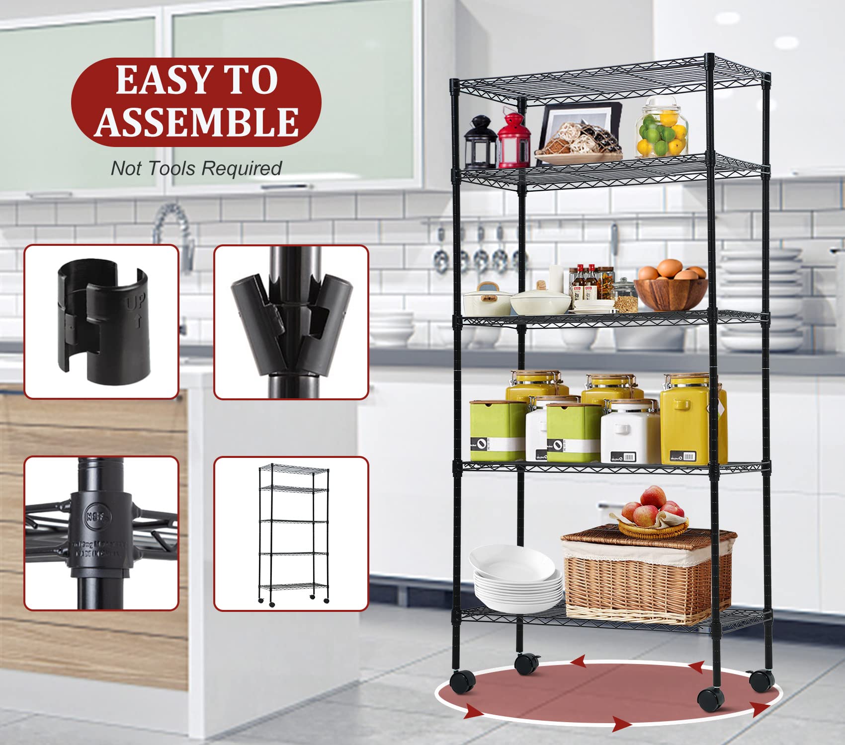 5 Tier Heavy Duty Wire Shelving Unit - NSF Certified, Adjustable Steel Storage Shelves for Garage, Kitchen, Office & Commercial Use - 14