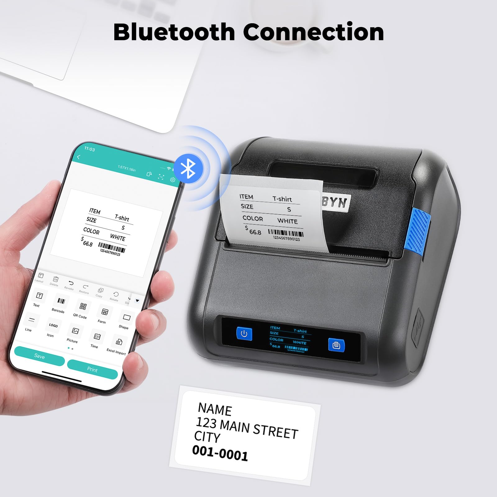 MUNBYN 3 Inch Bluetooth Thermal Label Printer - 5H Battery Life, Compatible with Receipts & Labels (1.96