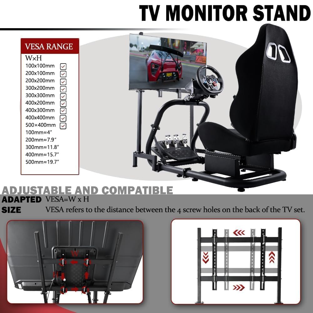 Premium Racing Simulator Cockpit with Ergonomic Seat & Adjustable Monitor Stand - Compatible with Logitech G27/G923/G920, Fanatec & Thrustmaster Wheels - 50mm Heavy-Duty Round Tube Frame (Steering Wheel/Pedals/TV Not Included) - Perfect for Home Gaming, Esports Training & Professional Simulation
