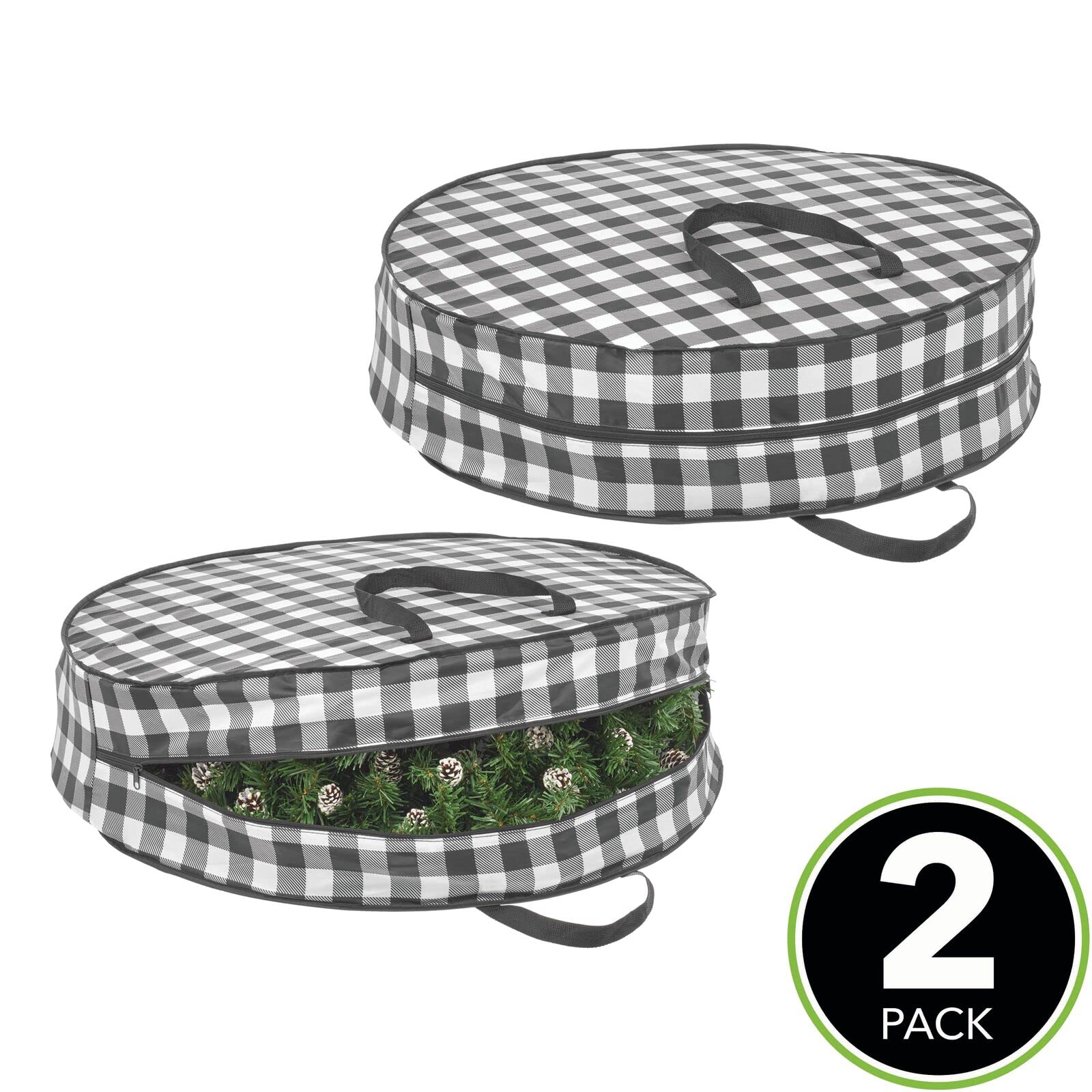 mDesign 30-Inch Round Wreath Storage Container with Handles - 2 Pack Buffalo Plaid Fabric Holiday Organizer for Christmas Wreaths, Garlands & Decorations - Perfect for Seasonal Decoration Storage & Protection