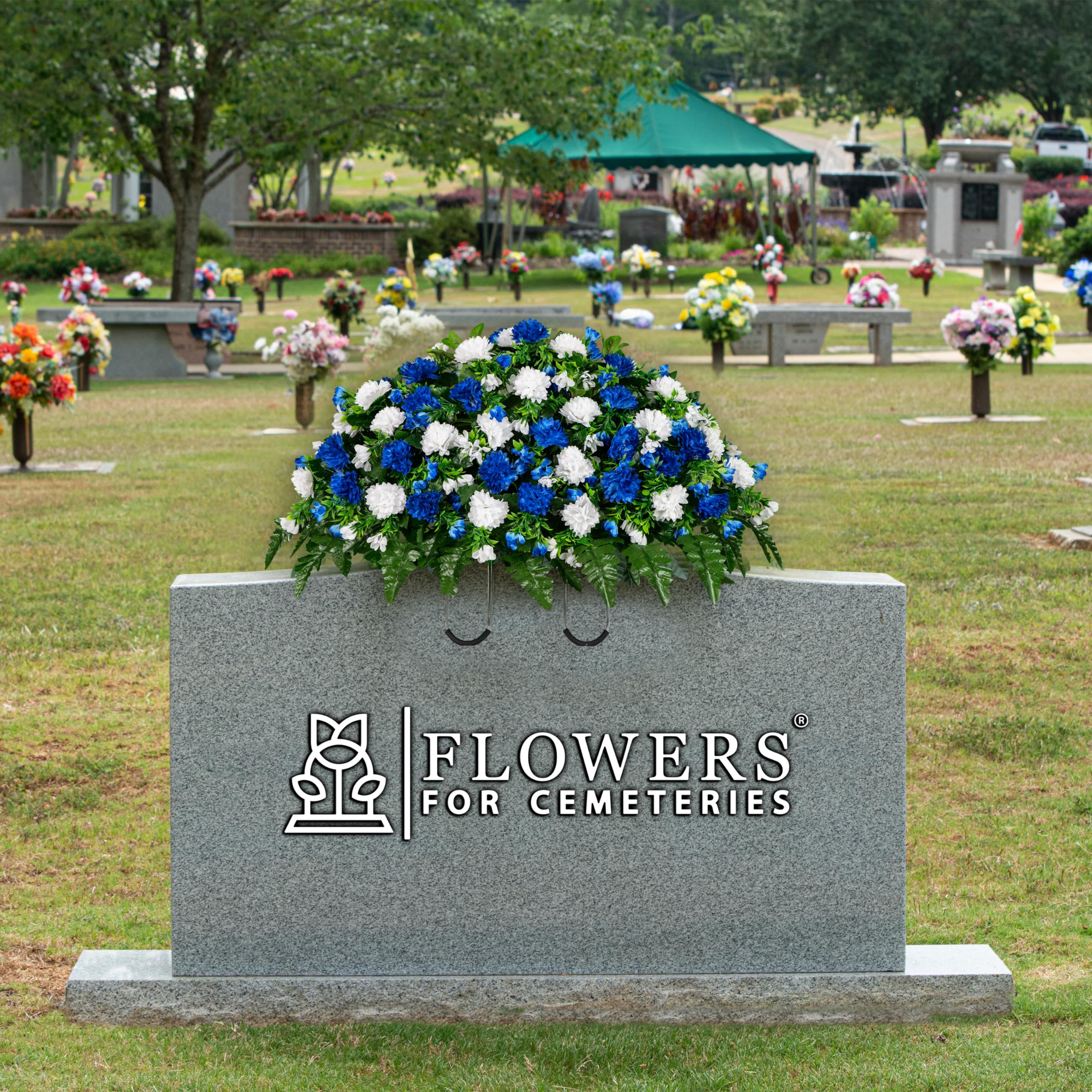 Sympathy Silks Artificial Cemetery Flowers - Bright Sapphire Blue and White Garden Mums - 30