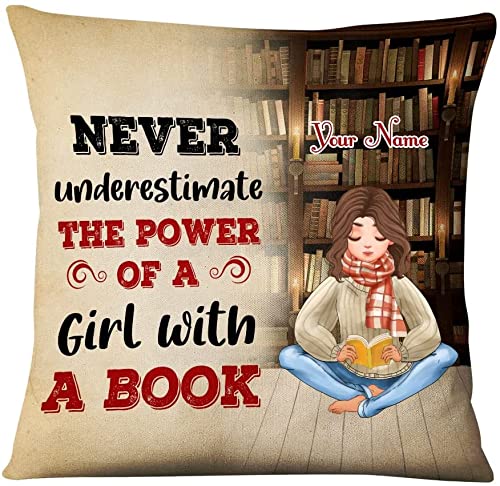 Custom Personalized Girl & Books Pillow - Choose Skin Tone & Hairstyle - Unique Book Lover Gift for Friends Birthday - Meaningful Present for Bookworms - Never Underestimate a Girl with a Book - Perfect for Reading Nooks, Bedrooms & Cozy Book Club Gifts
