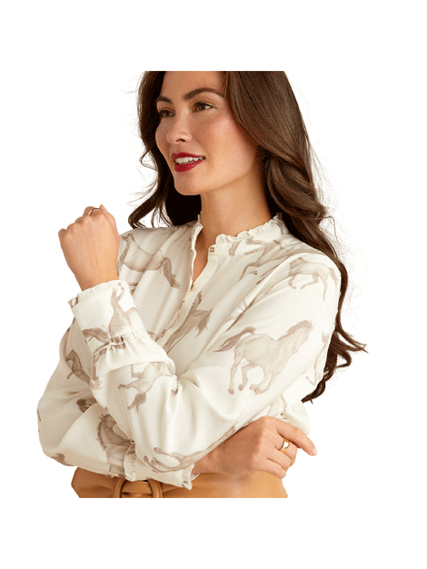 Clarion Women's Long Sleeve Blouse with Vintage Sepia Horse Print - Elegant Office Wear & Casual Outfit