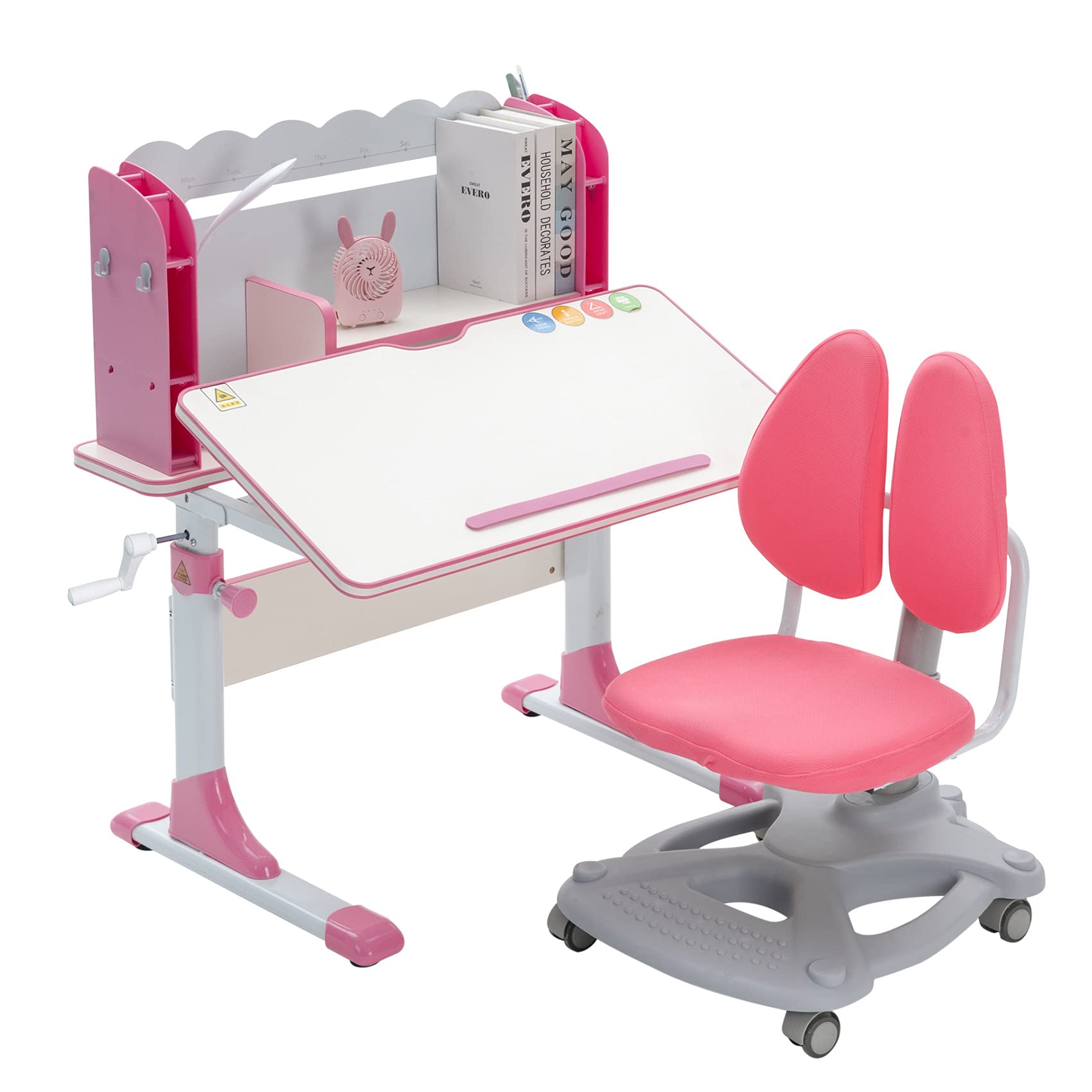 UNICOO Kids Desk and Chair Set - Adjustable Height Study Desk with Bookshelf, Ergonomic Chair for Children, Pink (DJZ-05-PK) - Perfect for Homeschooling, Online Learning & Bedroom Study Space