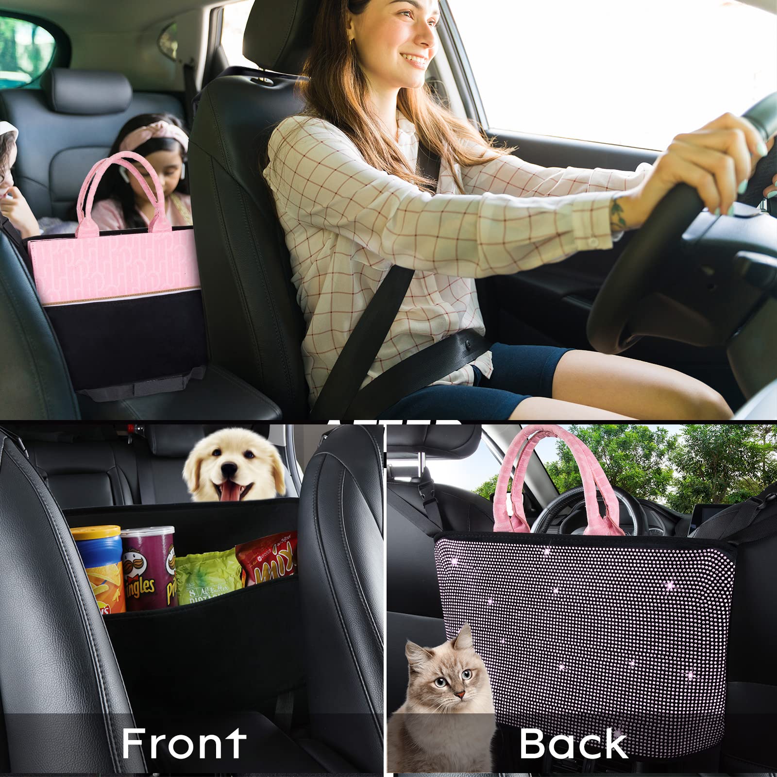 Elegant Car Organizers & Handbag Holder with Shiny Diamonds - Pink Car Seat Net Organizer for Women, Dog Barrier & Kids Safety - Perfect for SUVs, Sedans and Road Trips