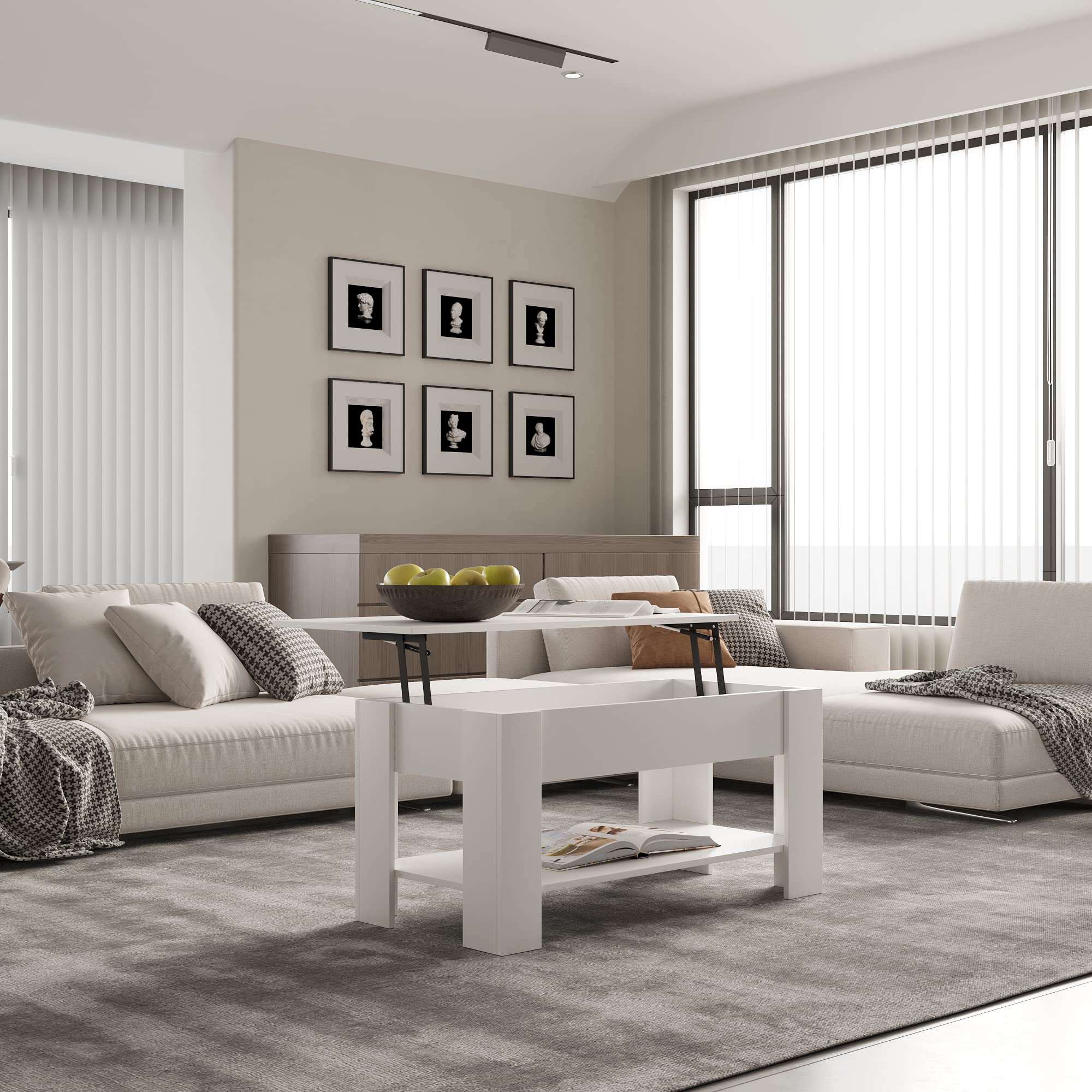 Modern Lift Top Coffee Table with Hidden Storage Compartment - White Wooden Living Room Table with Lift Tabletop for Home Office, Dining & Small Space Living