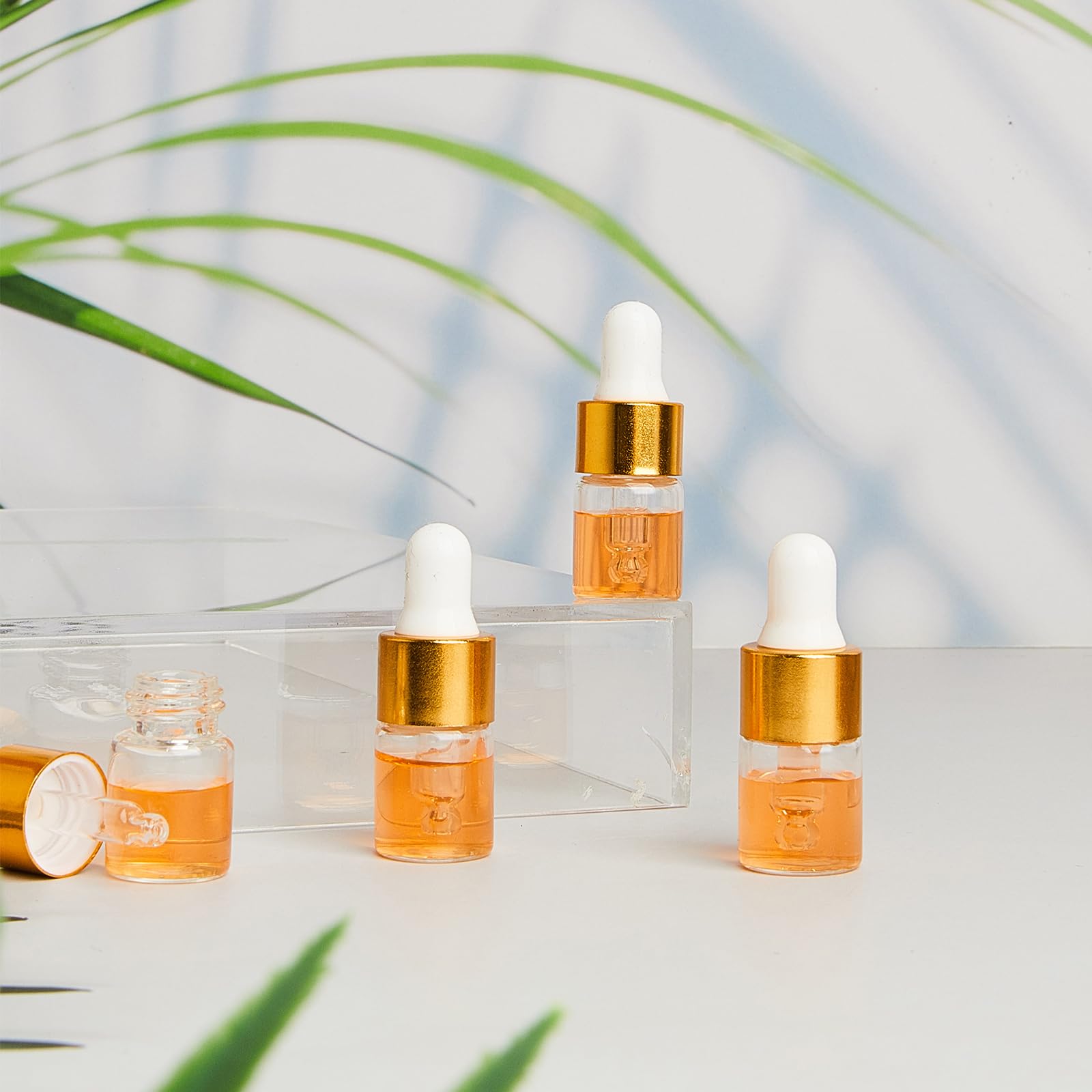 200 Pcs 2ml Mini Glass Dropper Bottles with Gold Lids - Travel Size Essential Oil Containers, Cosmetic Sample Vials for Perfume, DIY Liquids & Beauty Products - Perfect for Travel, Home Use & Gift Packaging