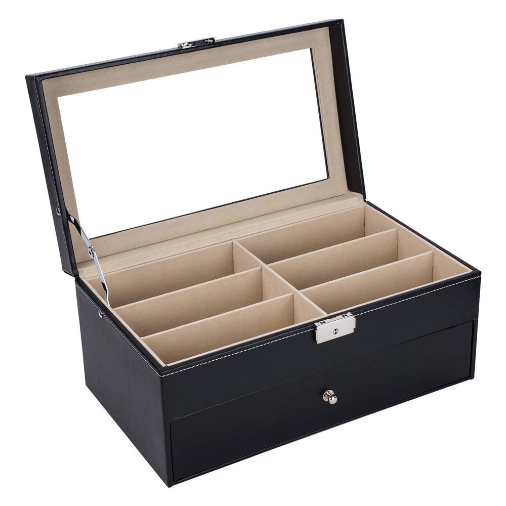 BONOCO Premium Leather Eyeglass Case - 12 Slot Sunglasses Storage Organizer Box for Men & Women (Black, 13.2