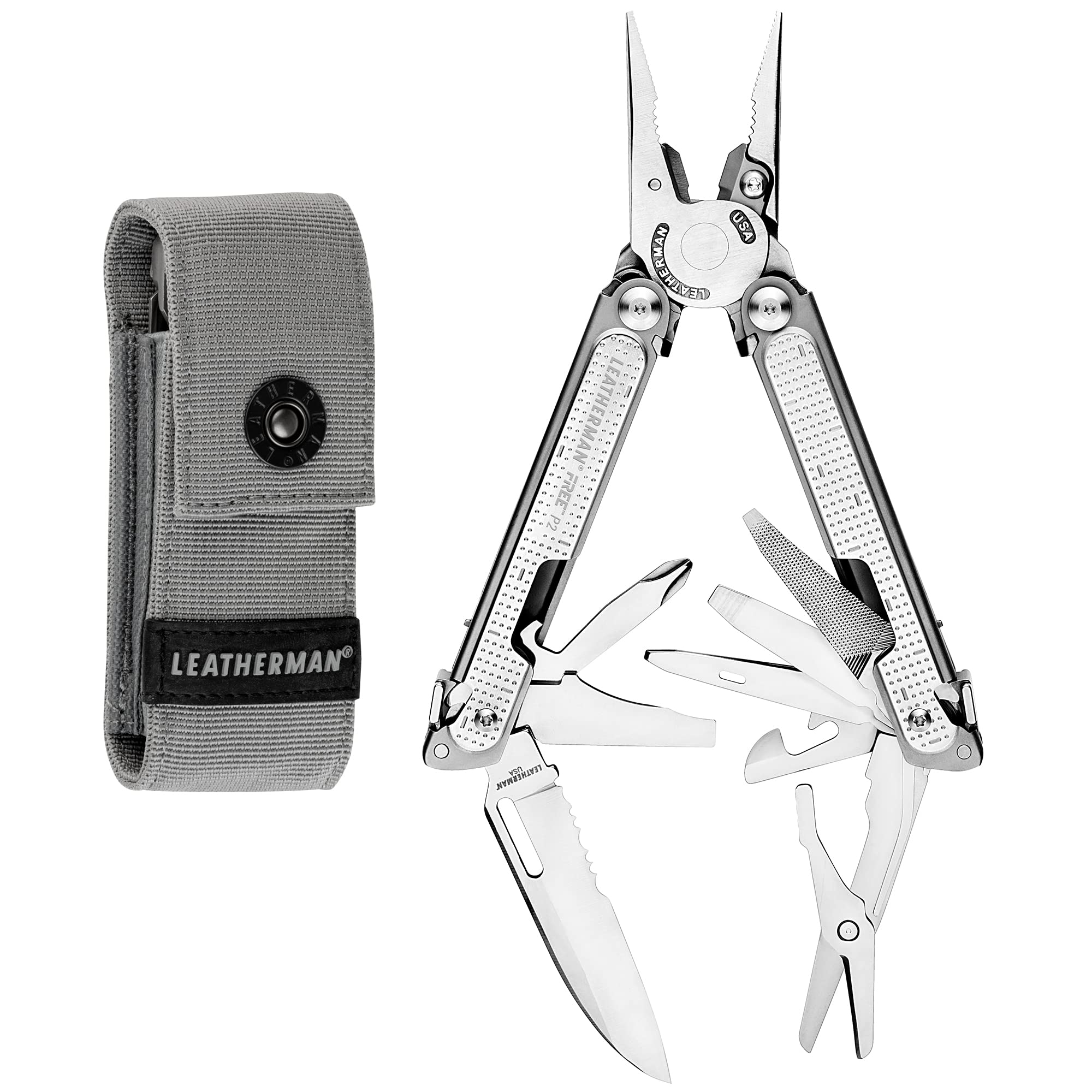 Leatherman FREE P2 Multitool with 19 Tools & Nylon Holster - Compact Everyday Carry for Camping, Hiking & DIY Projects