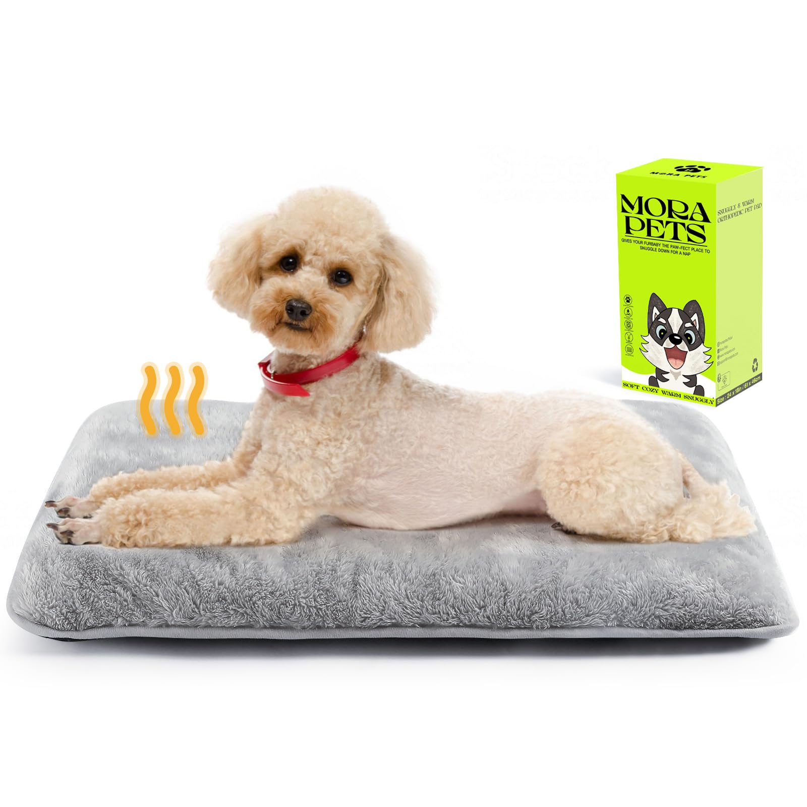 Mora Pets Waterproof Self-Heating Dog Bed Mat - Removable Washable Cover, Anti-Slip Bottom - Warm Flat Pet Crate Pad for Small Dogs, Cats & Puppies (Grey, 24