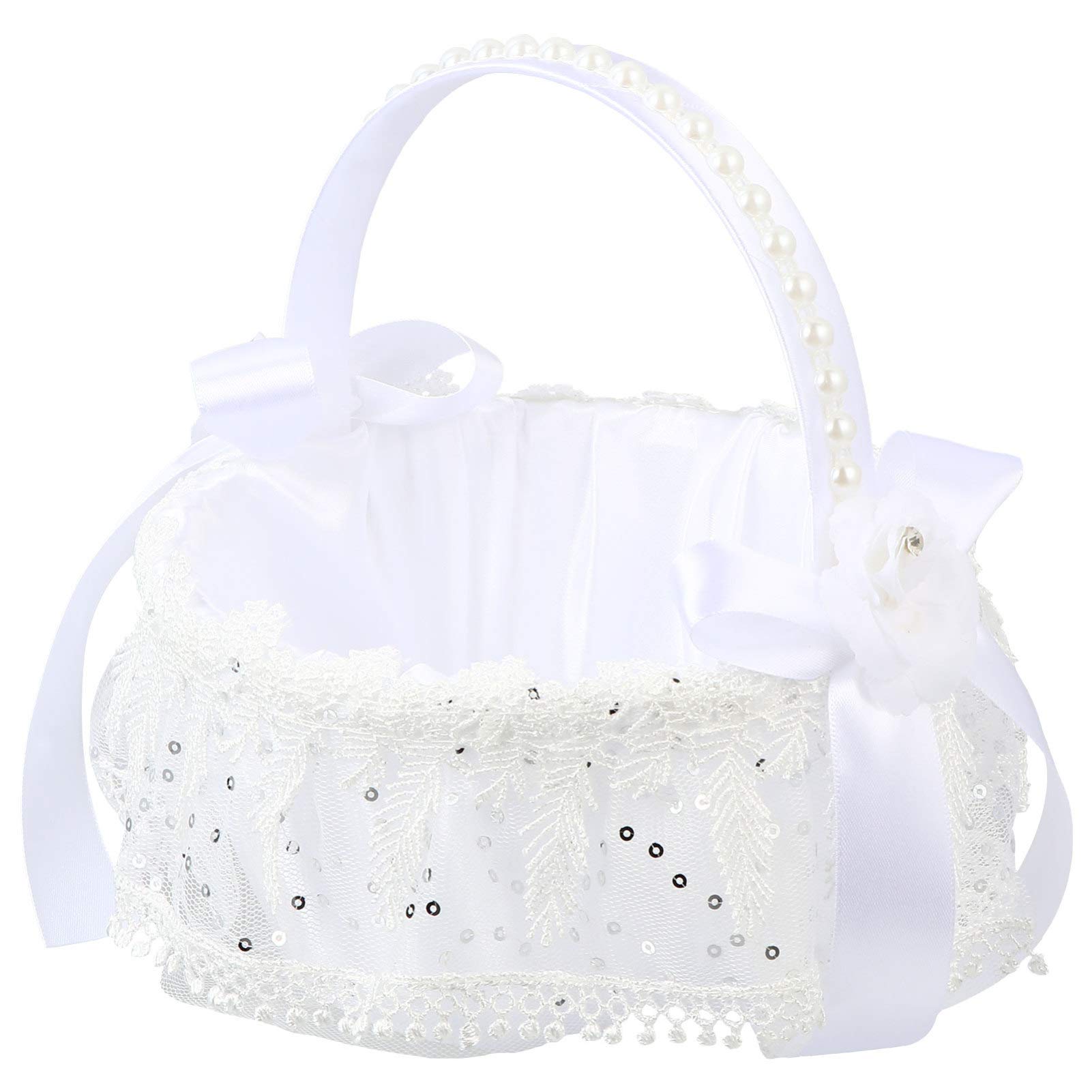 Elegant White Metal Wedding Basket with Lace Rose Sequins & Pearl Handle - 18x18x19cm Round Decorative Basket for Wedding Ceremony, Bridal Shower, Baby Shower & Home Decor