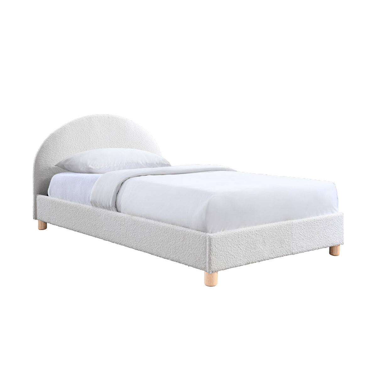 Archie Boucle Single Bed Frame - White Upholstered Platform Bed with Wooden Legs | Perfect for Small Spaces, Guest Rooms & Kids Bedrooms