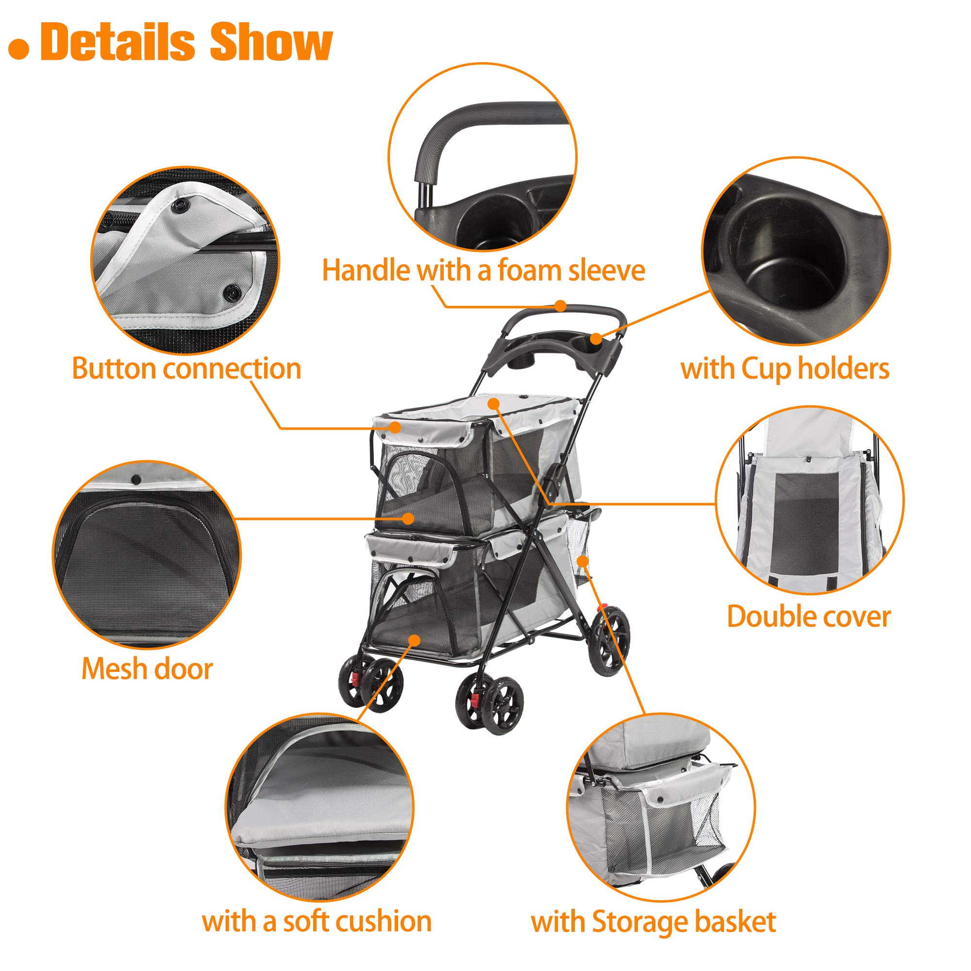 LUCKYERMORE Double Pet Stroller for 2 Cats & Dogs - 4-Wheel Foldable Cat & Dog Carrier with Cup Holders, Mesh Windows & Soft Pad - Ideal for Small to Medium Pets - Perfect for Park Walks, Vet Visits & Shopping Trips (Gray)