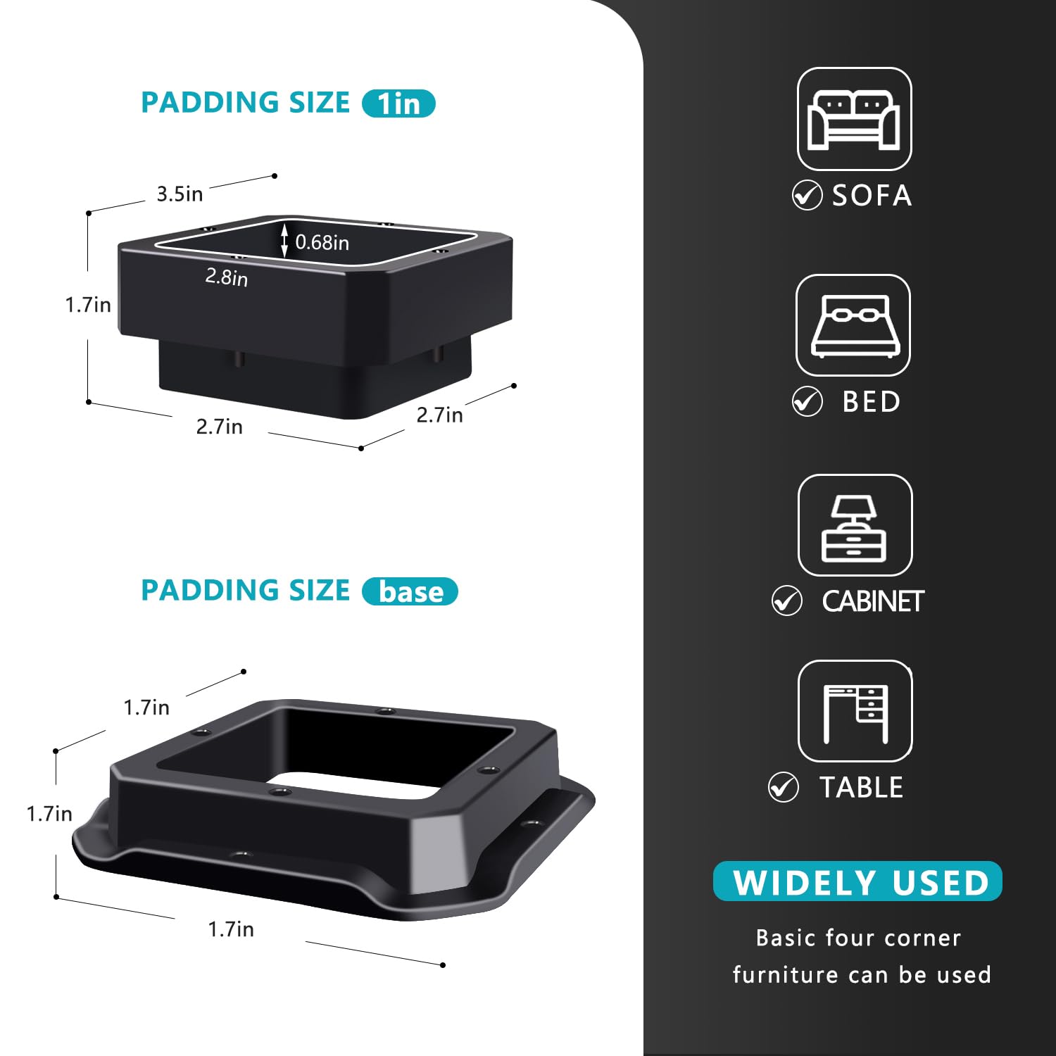 Heavy Duty 1 Inch Bed Risers - Sturdy Bed Frame Lifts for Table, Couch & Dorm Use - Black - Perfect for Extra Storage Space & Adjustable Height (Set of 4)