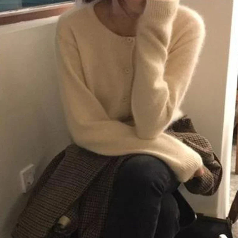 Solid Color Knitted Cardigan Round Neck Sweater for Women - Cozy Casual Pullover for Fall & Winter - Perfect for Office, Dating, and Travel