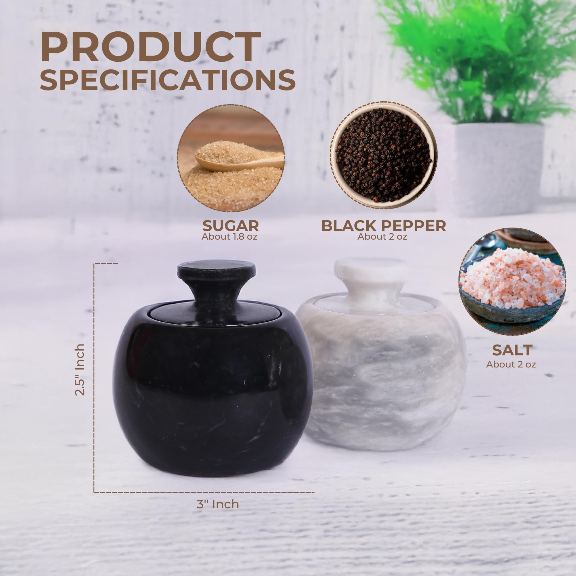Premium Marble Salt Cellar with Lid - Set of 2 Elegant Marble Salt and Pepper Bowls - Airtight Spice Holder for Salt, Pepper, Paprika & Seasonings (Sunny Grey & Black, Style 02) - Perfect for Kitchen, Dining Table & Gourmet Cooking