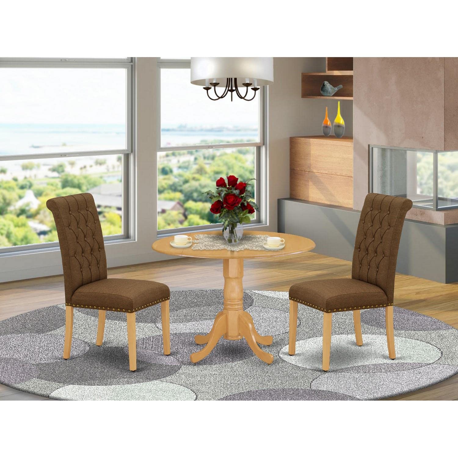 East West Furniture DLBR3-OAK-18 3-Piece Round Kitchen Table Set with Drop Leaf & 2 Upholstered Chairs - 42x42 Inch Oak Dining Set for Small Spaces, Breakfast Nook, Apartment Dining | Brown Linen Fabric Chairs