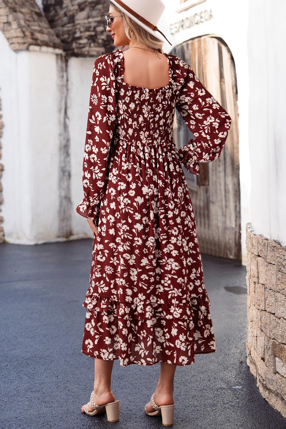 Dokotoo Women's Floral Maxi Dress - Casual Square Neck Long Sleeve Smocked Waist Tiered Ruffle Hem Spring Summer Dress | Perfect for Beach Vacation, Garden Party & Date Night Outfits