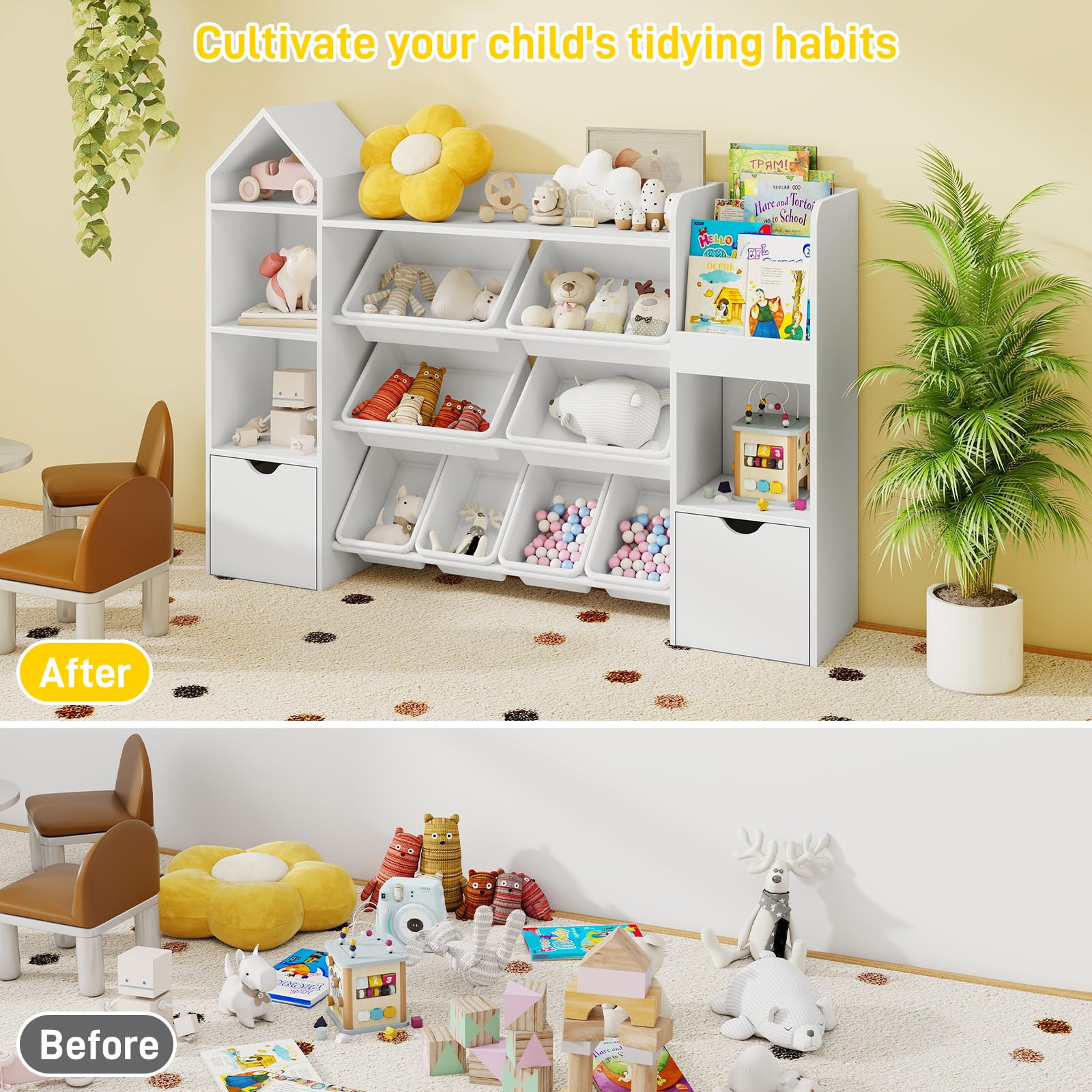 Vabches 8-Bin Kids Toy Organizer with Wheels - 4-Tier Toy Storage Shelf with Removable Bins & 4 Cubbies - White Nursery Organizer for Playroom, Bedroom & Daycare - Easy-Move Toy Storage Solution for Toddlers & Preschoolers