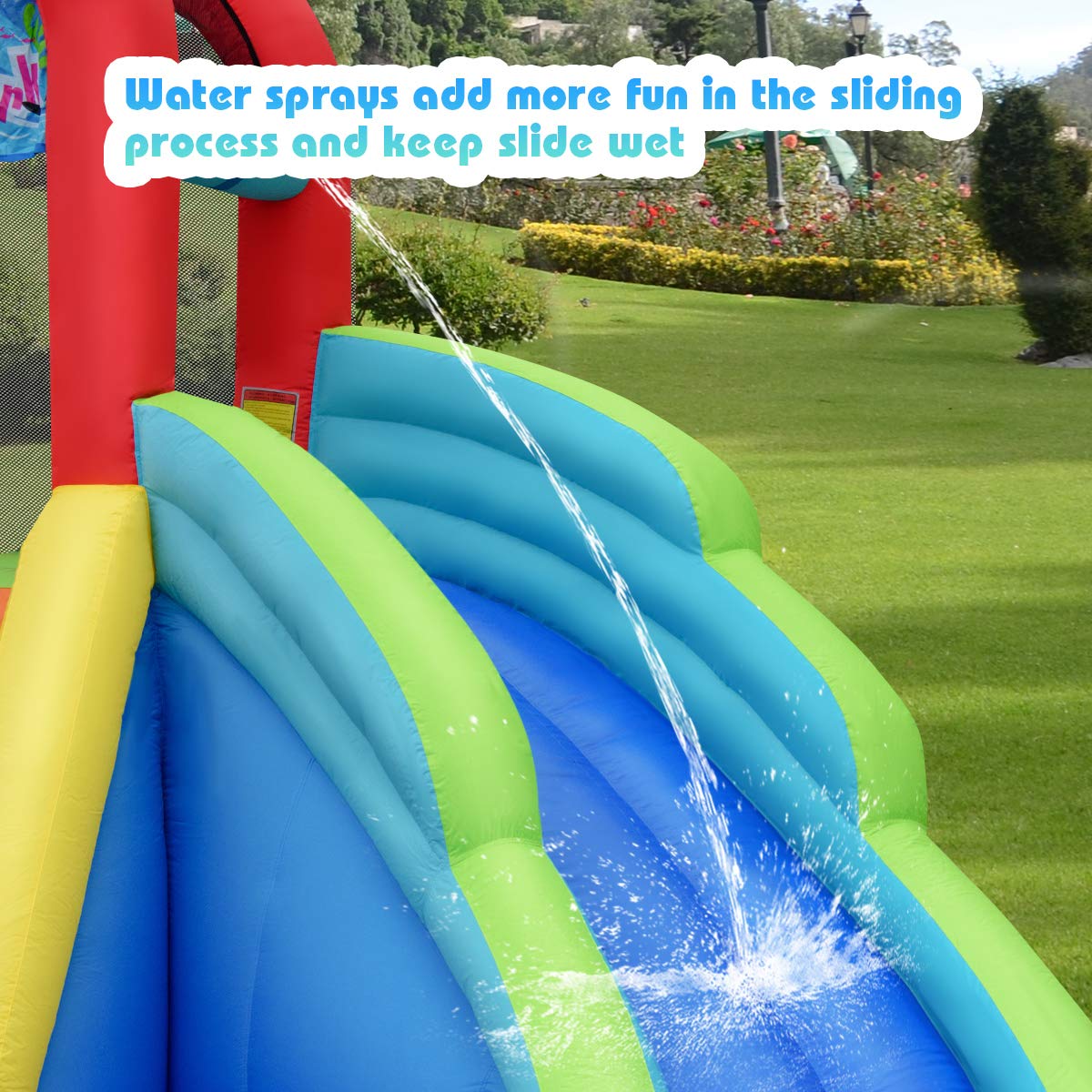 GOFLAME Inflatable Water Slide for Kids - Large Splash Pool, 2 Slides & 2 Water Cannons, Bounce House with Carry Bag, Stakes & Repair Kit (Includes 780W Air Blower) - Perfect for Backyard Parties, Summer Fun & Outdoor Family Activities