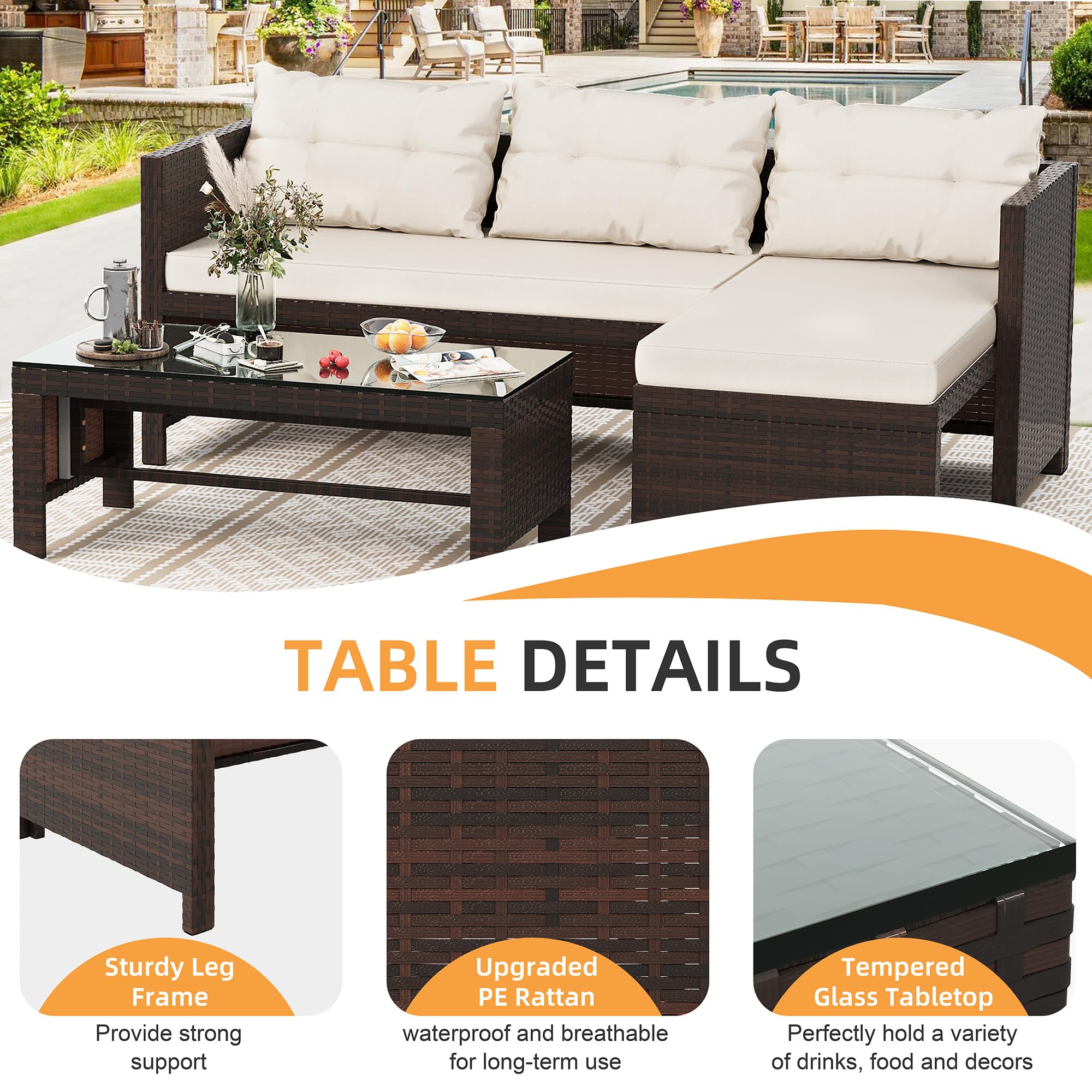 Shintenchi 3-Piece All-Weather Wicker Patio Furniture Set - Outdoor Sectional Sofa with Glass Coffee Table & Cushions (Beige) | Perfect for Backyard, Garden, Poolside & Patio Relaxation