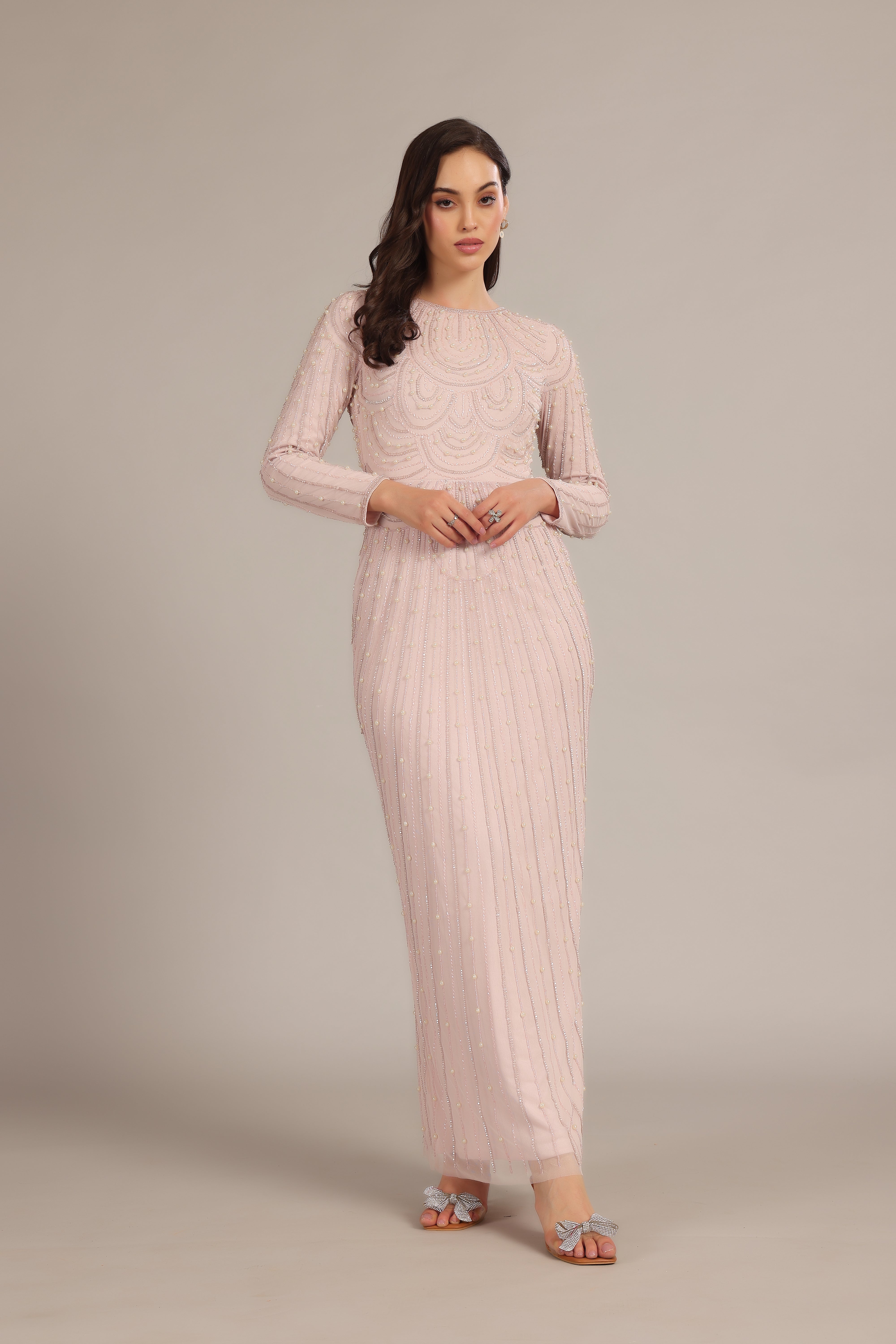 Powder Pink Mabel Embellished Maxi Dress for Women - Elegant Floral Lace Long Dress for Wedding, Party & Special Occasions