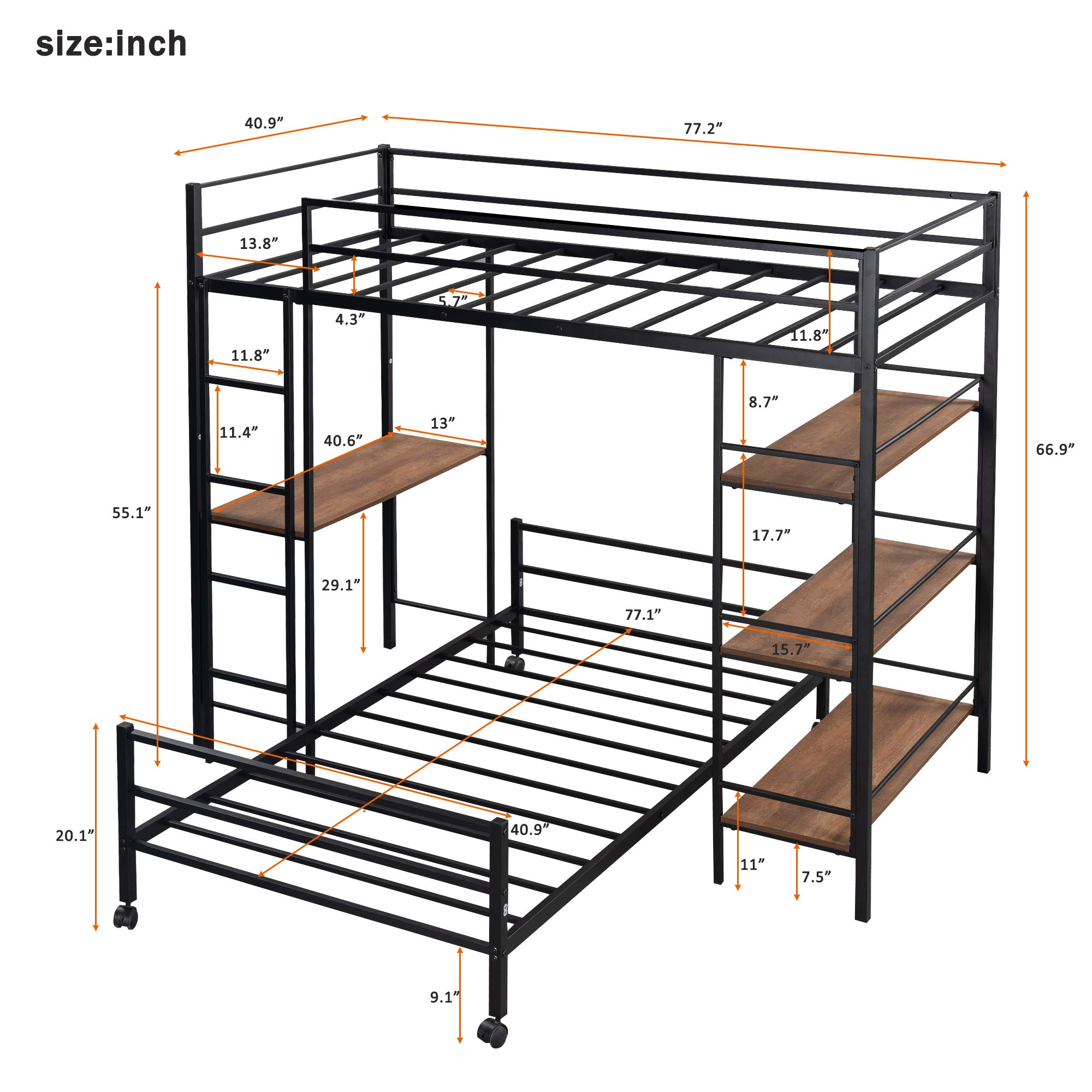 Steel Frame Twin Over Twin Bunk Bed with Shelves - Space-Saving Metal Loft Bed with Built-in Desk & 3-Tier Storage Shelf | Perfect for Kids' Rooms, Dormitories & Small Apartments