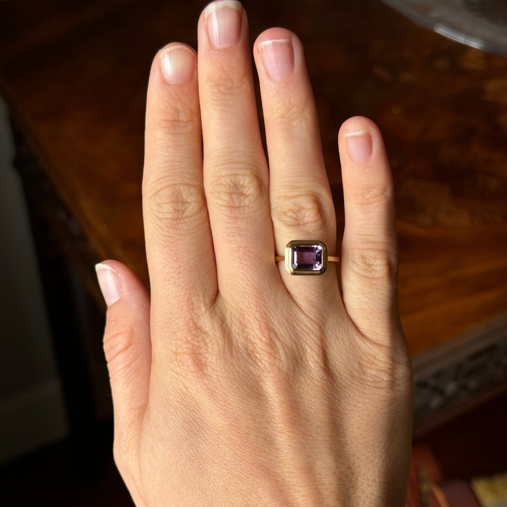 Goshwara Emerald Cut Amethyst Bezel Set 18K Gold Ring for Women | Elegant Wedding, Engagement & Anniversary Jewelry Gift